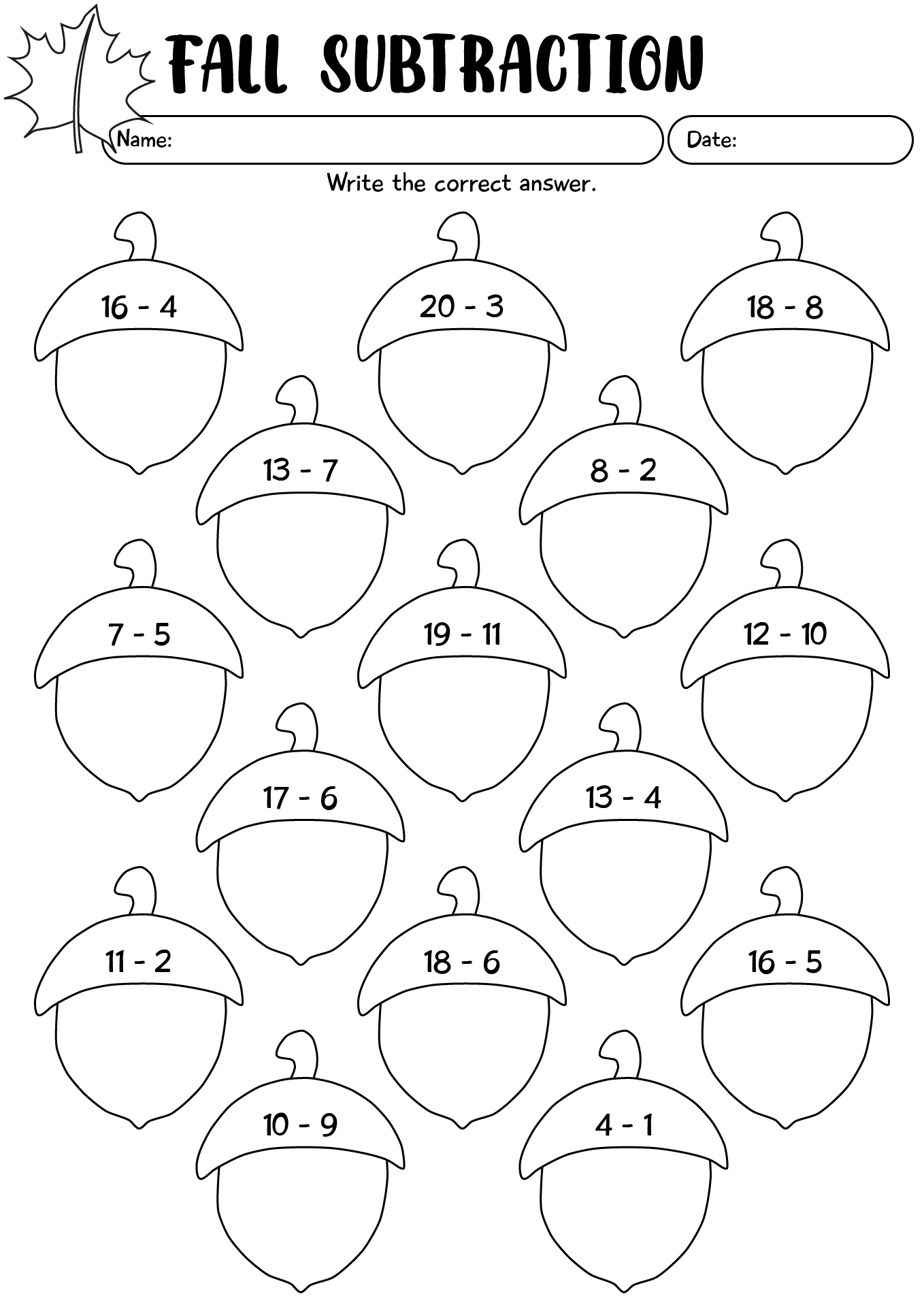 Fall Subtraction Math Worksheets For 1st Grade