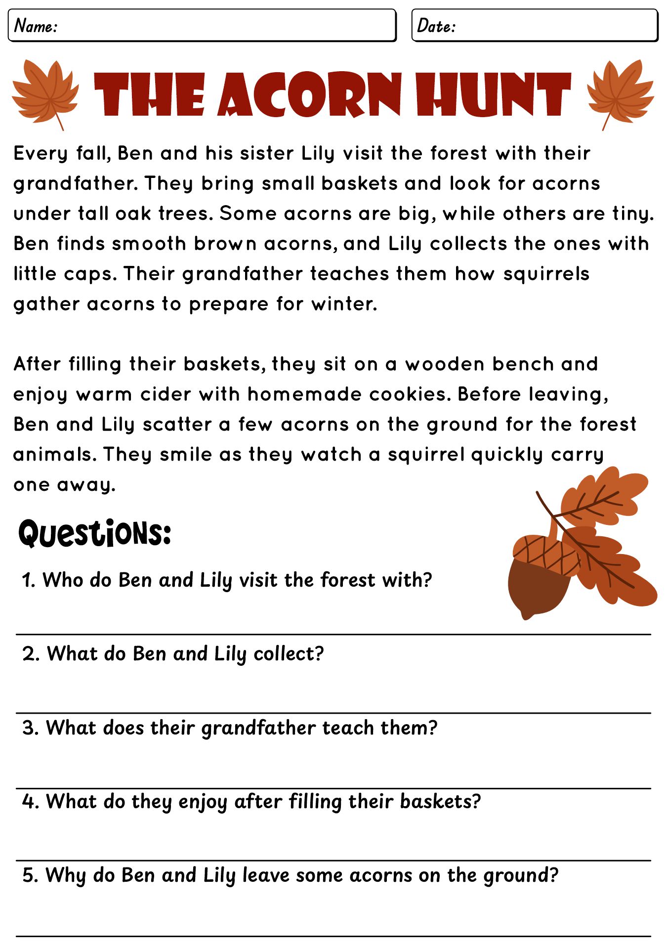 Fall Thanksgiving Reading Worksheet