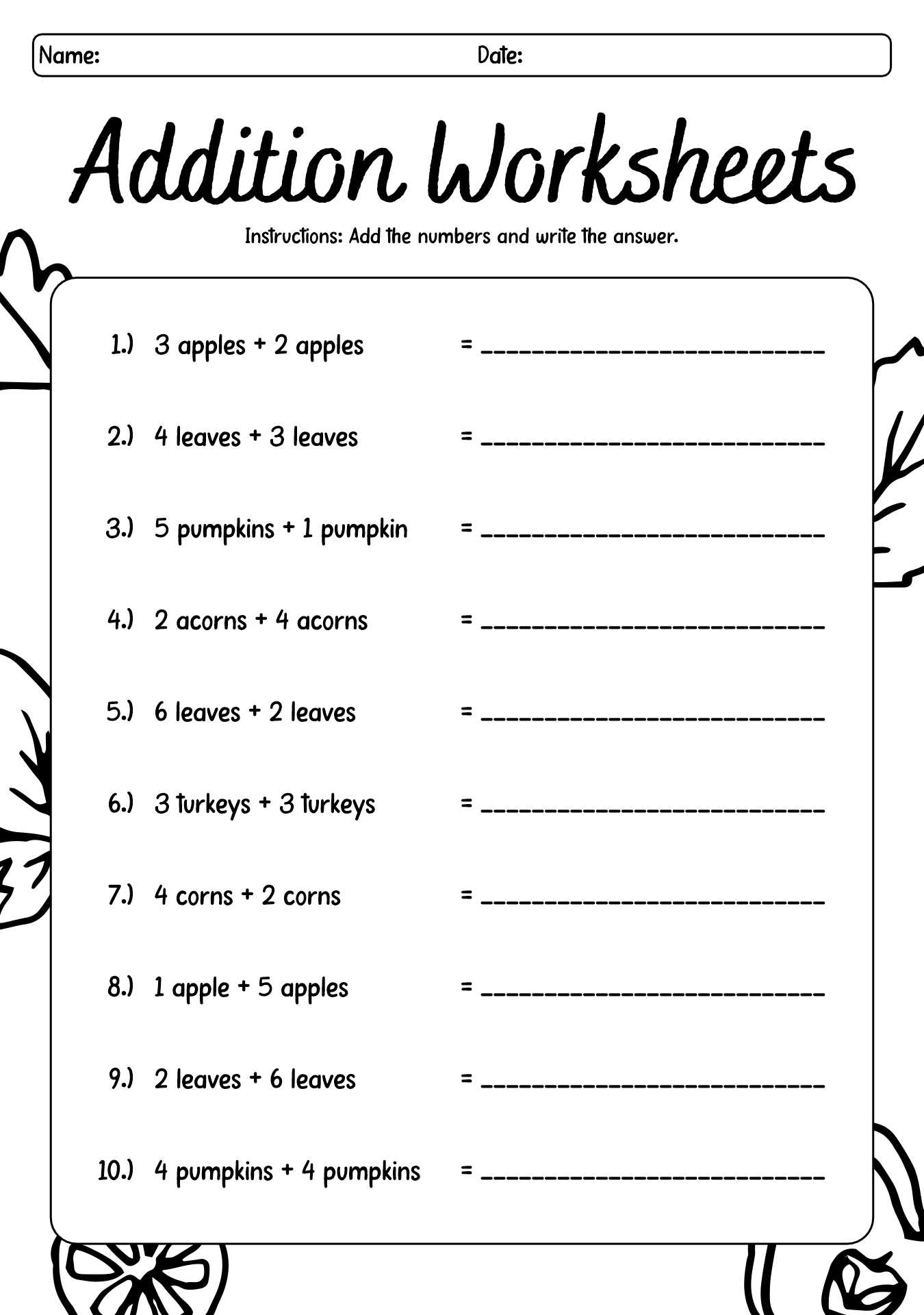 Fall Theme Addition Worksheets for 1st Grade