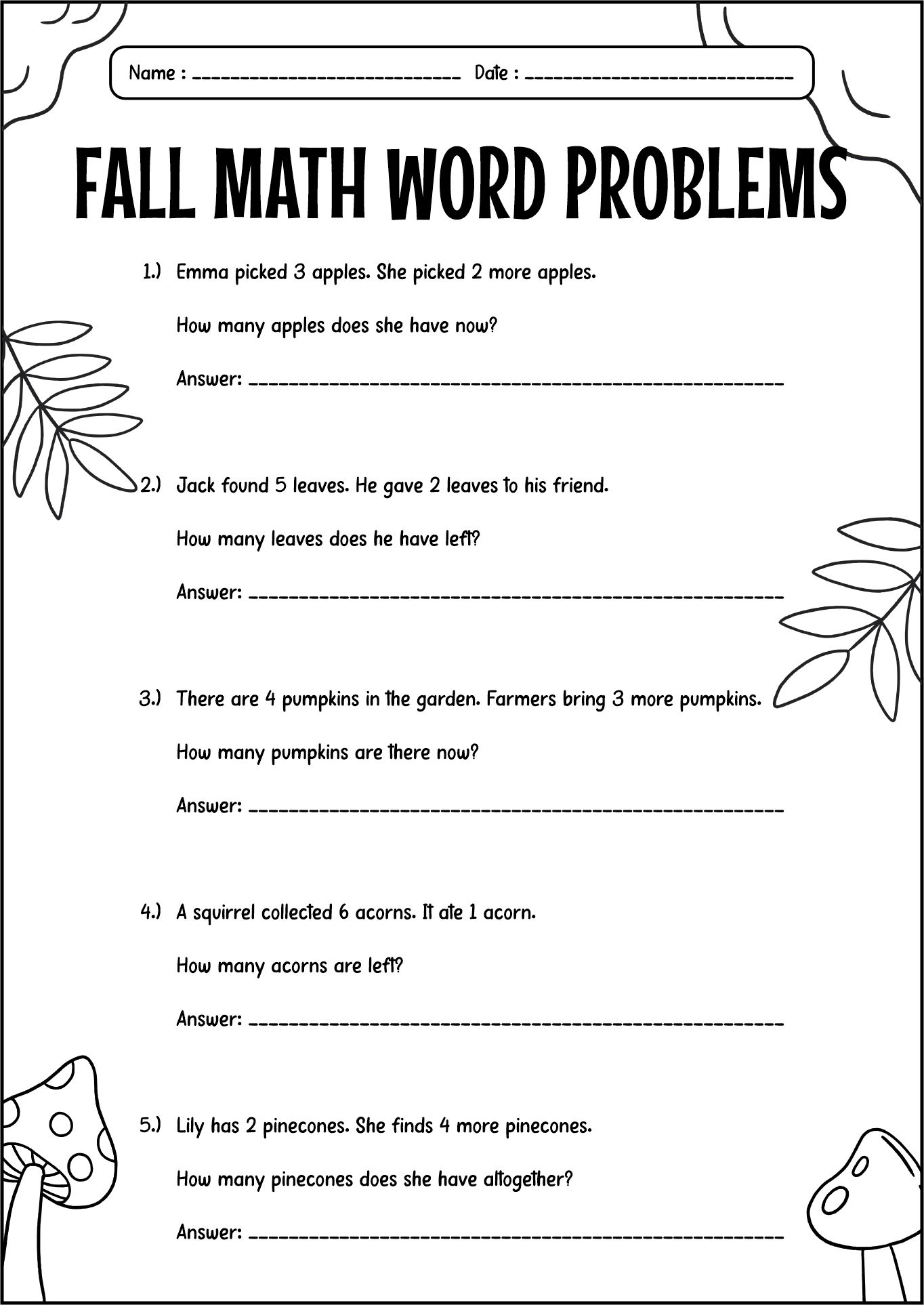 Fall Themed Math Activities for First Grade