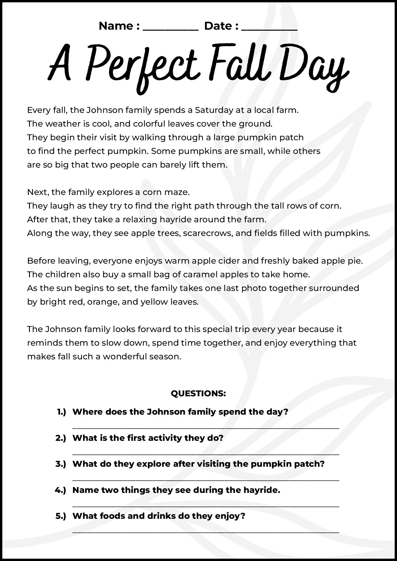 Fall Themed Reading Activity Sheets