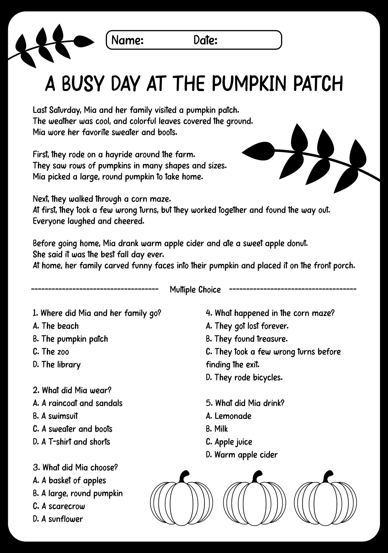 Fall-themed Reading Comprehension Worksheets for 3rd Graders