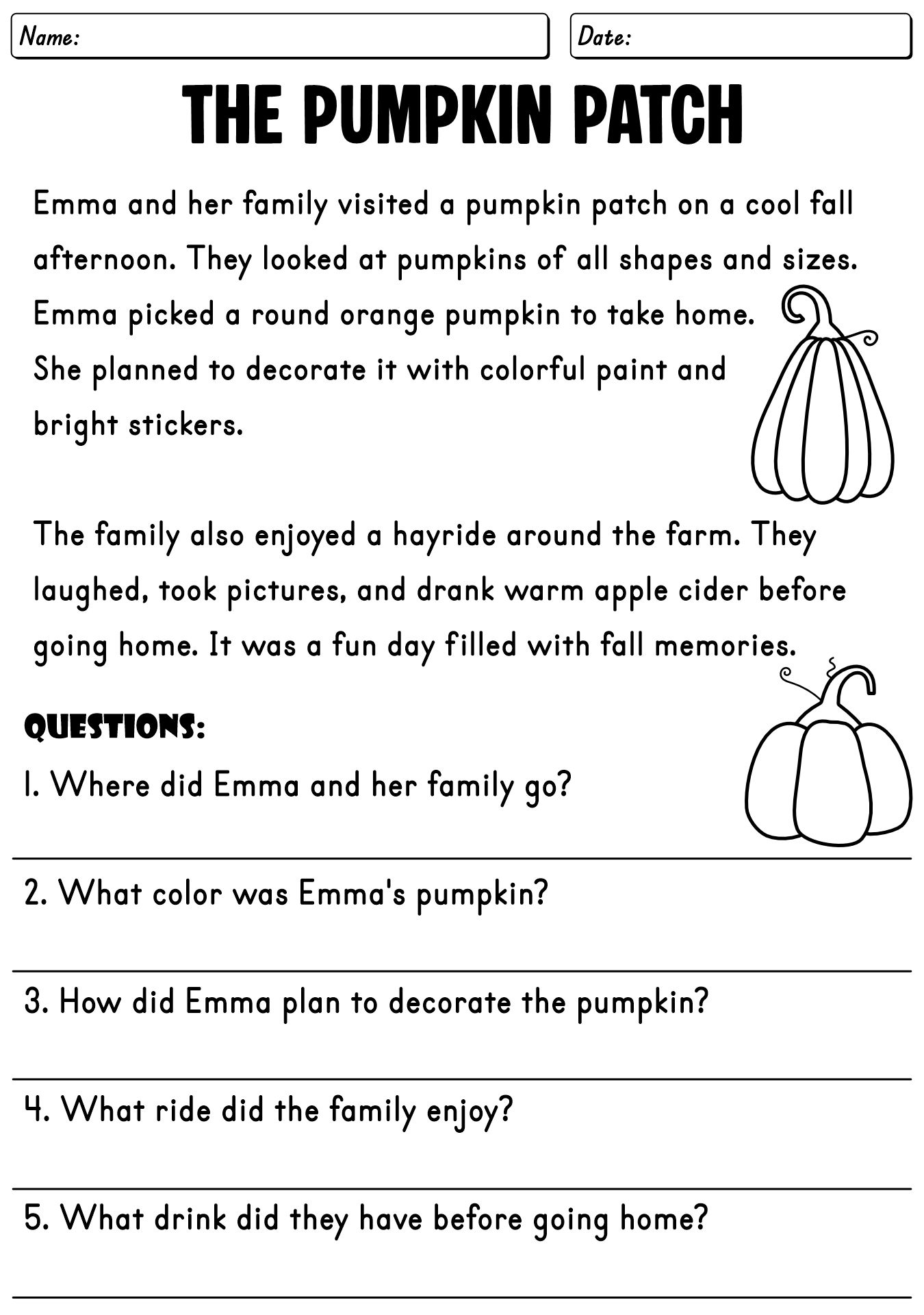 Fall Themed Reading Worksheets
