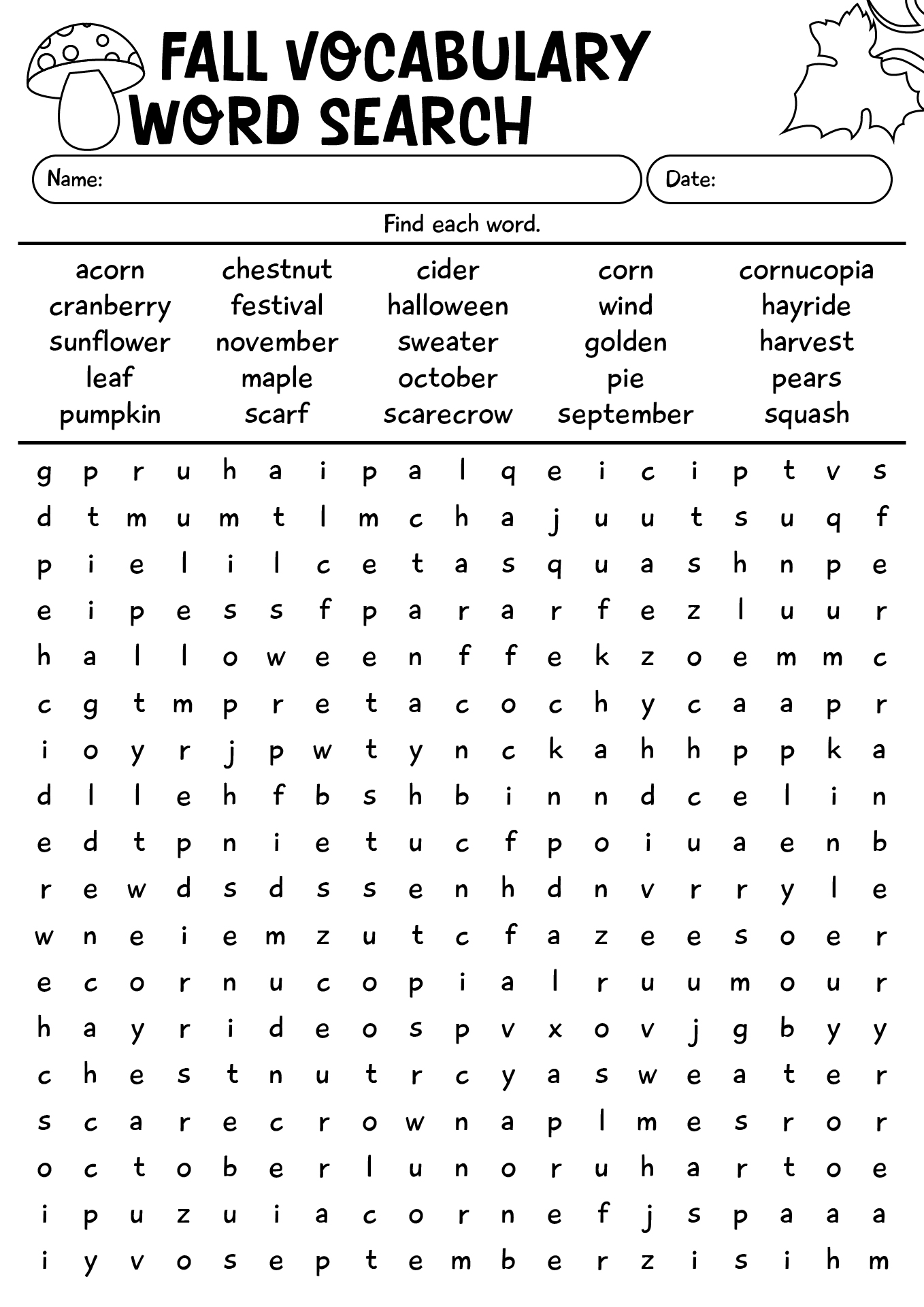 Fall Vocabulary Word Search Printable Worksheets