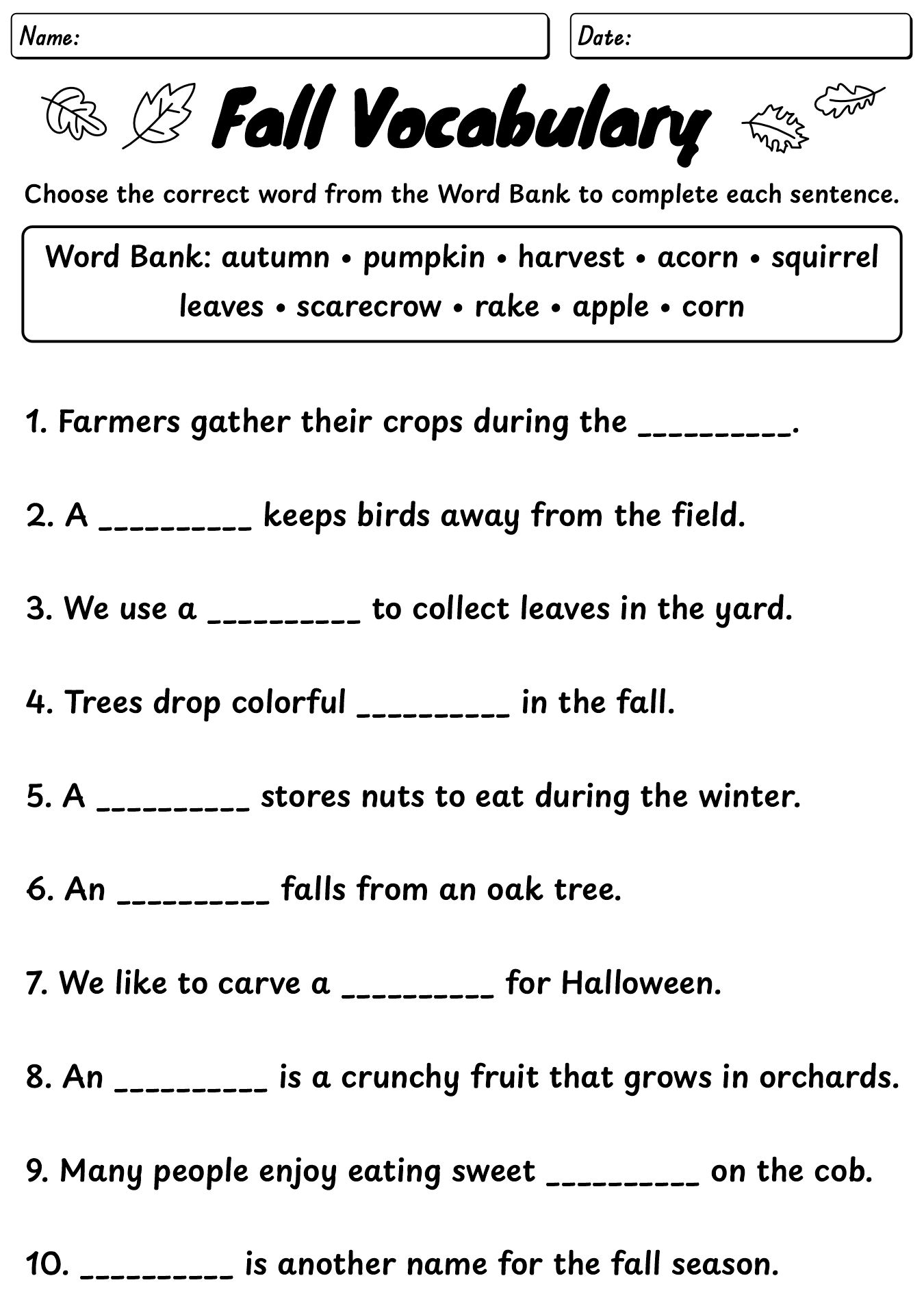 Fall Vocabulary Worksheets for Kids
