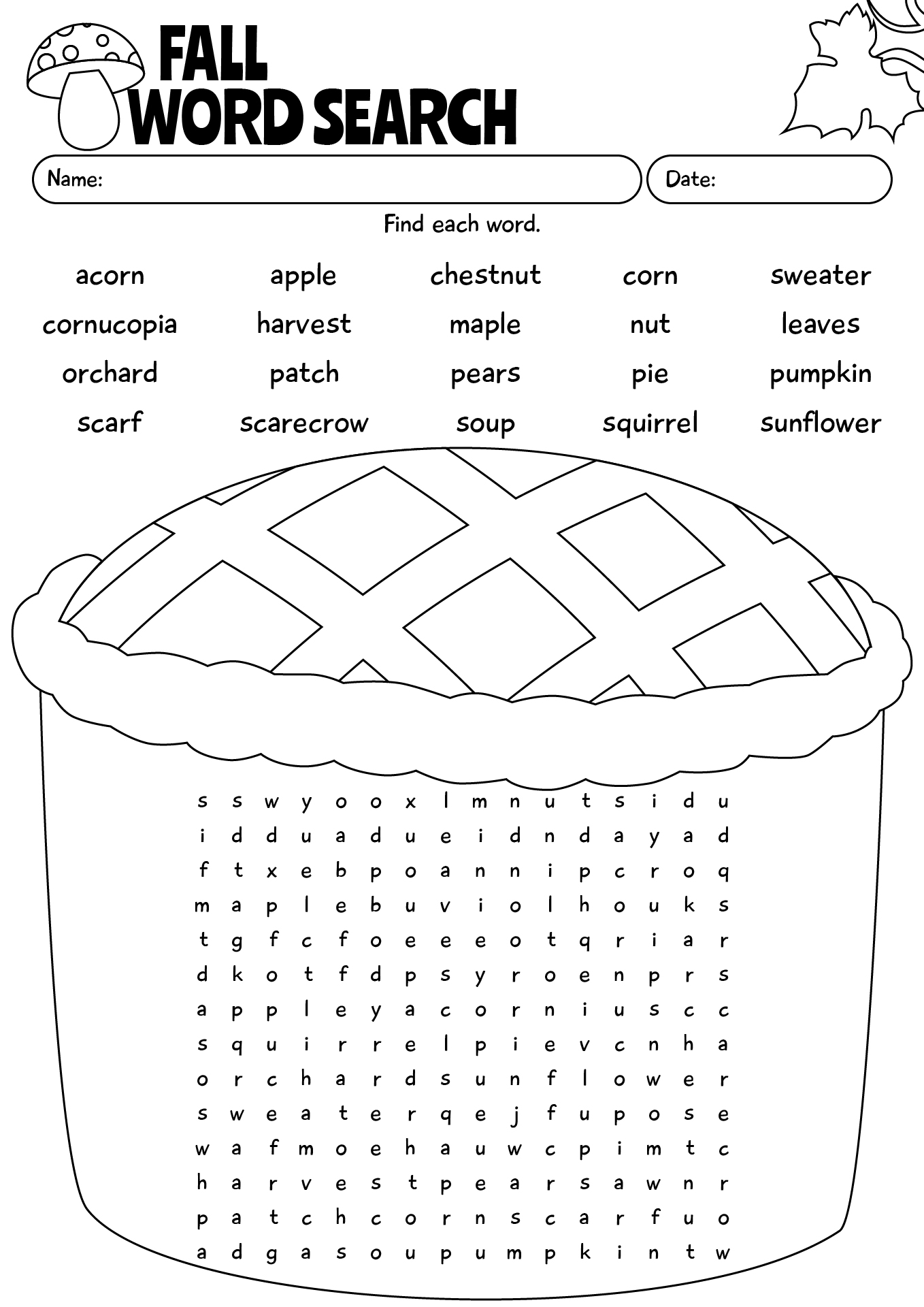 Fall Word Search Printable For Kids