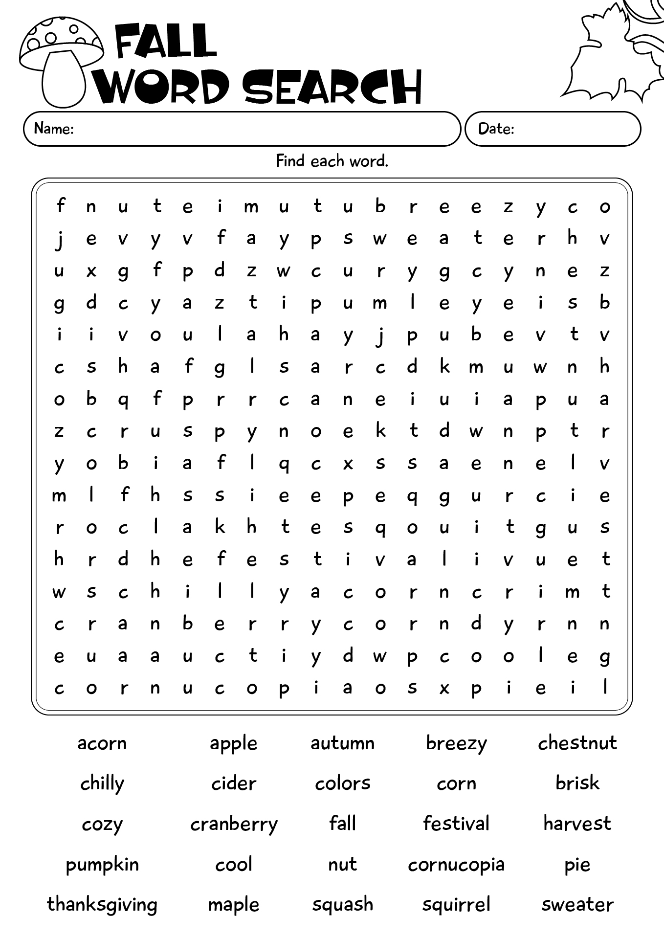 Fall Word Search Puzzle For Students