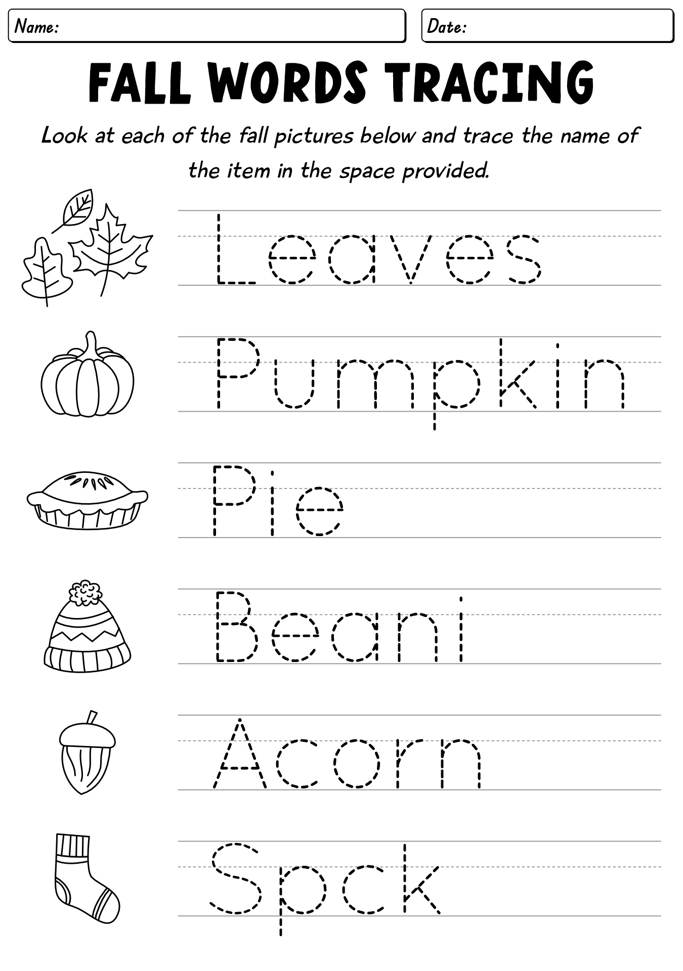 Fall Words Tracing Worksheets For Preschool