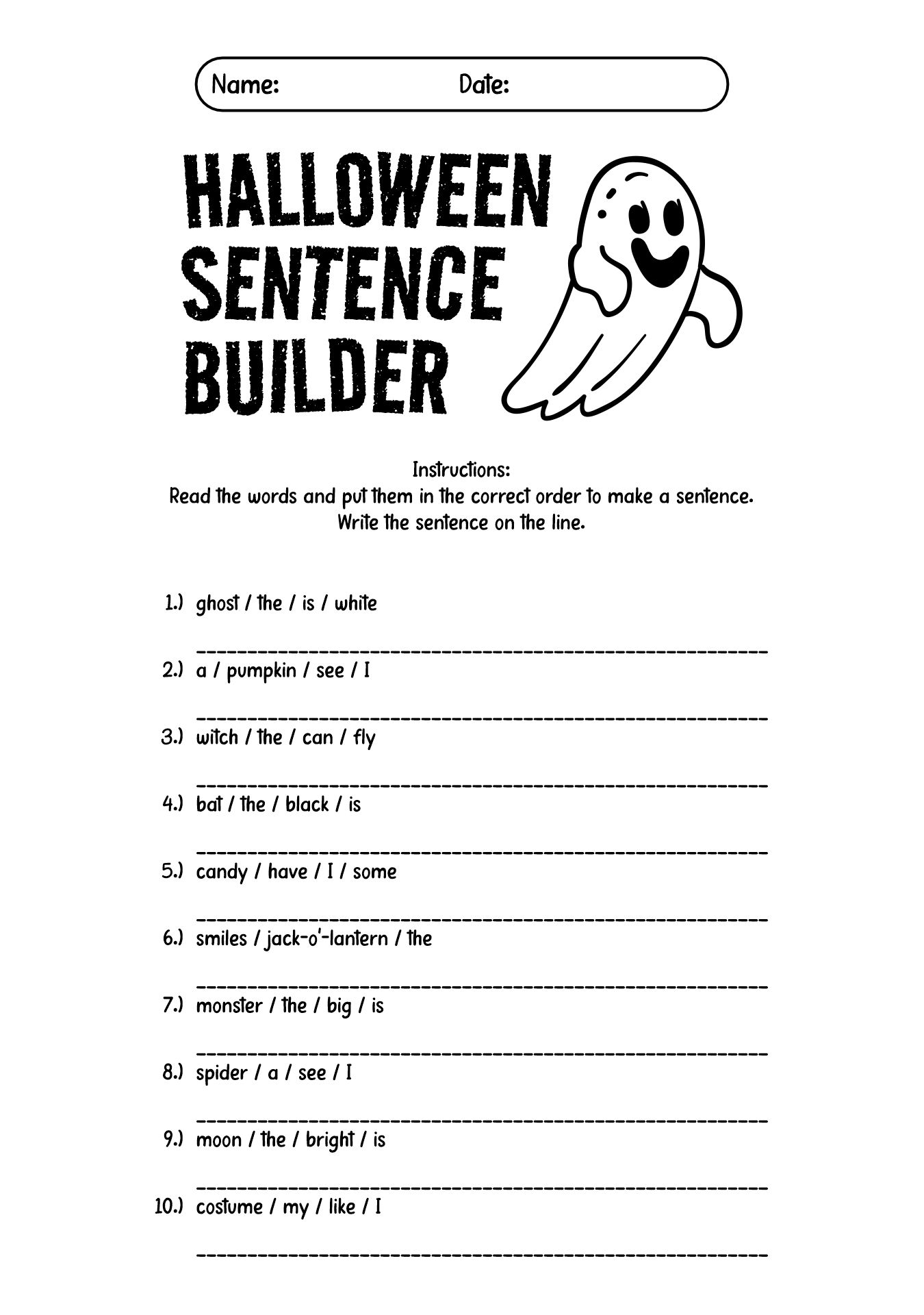 First Grade Halloween Sentence Building Worksheets