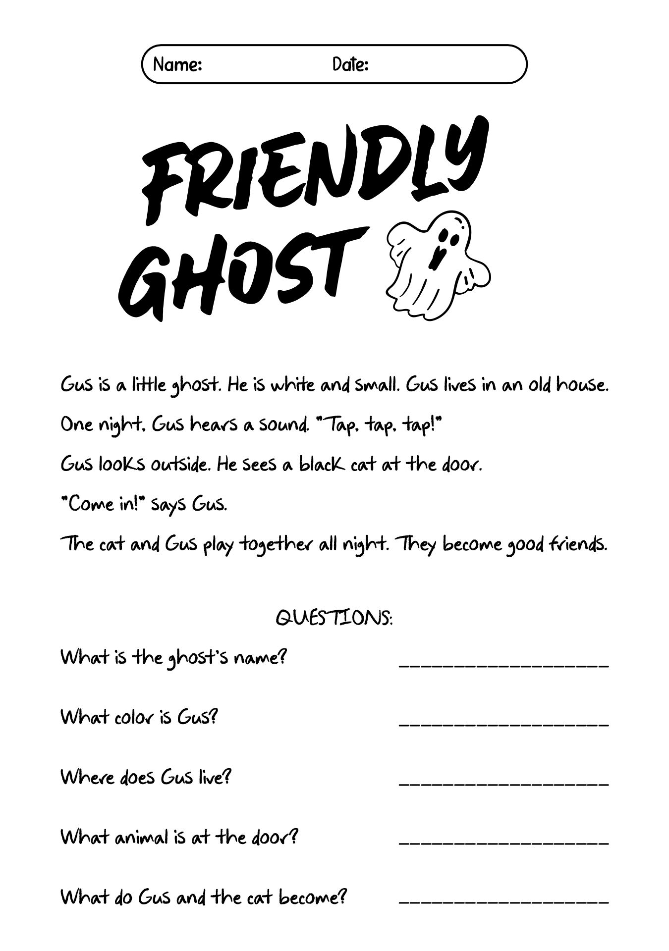 Ghost Reading Comprehension Sheets for First Grade