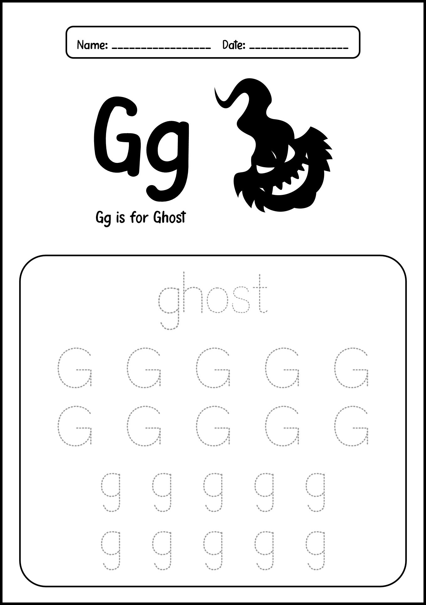 Ghost-themed Alphabet Practice Sheets for 1st Graders