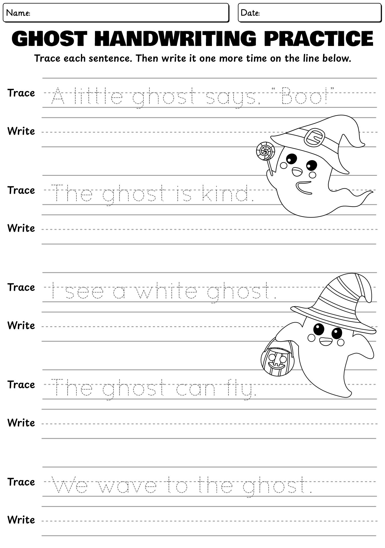 Ghost-Themed Handwriting Practice Sheets 1st Grade