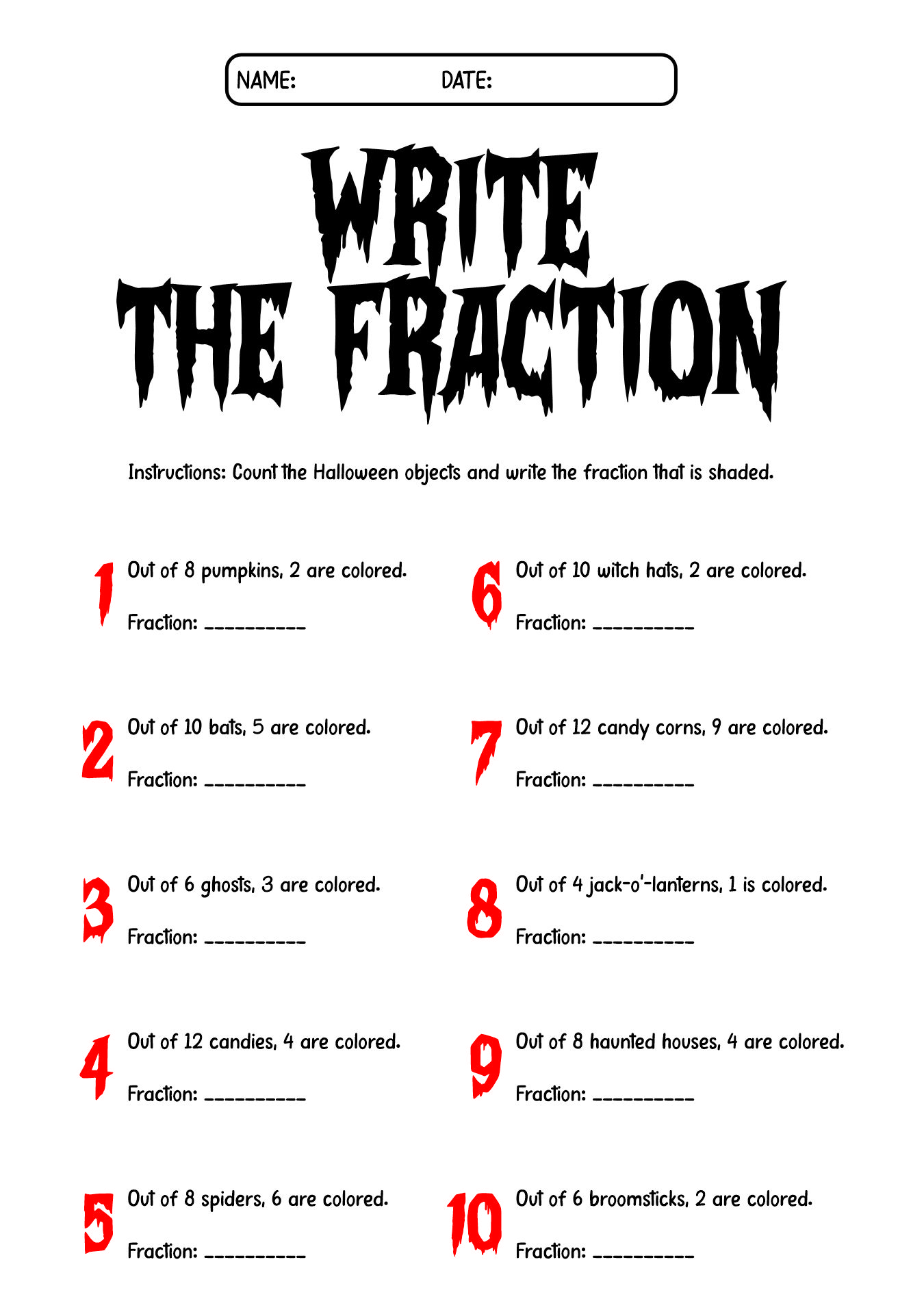 Grade 2 Halloween Fractions Practice Worksheets