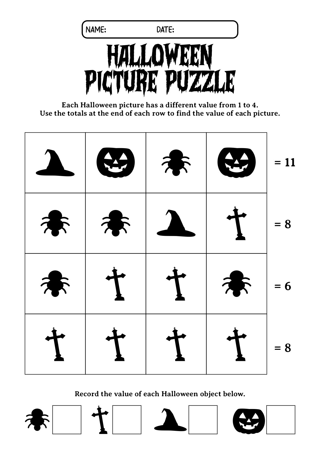Grade 2 Halloween Themed Math Puzzles Worksheets