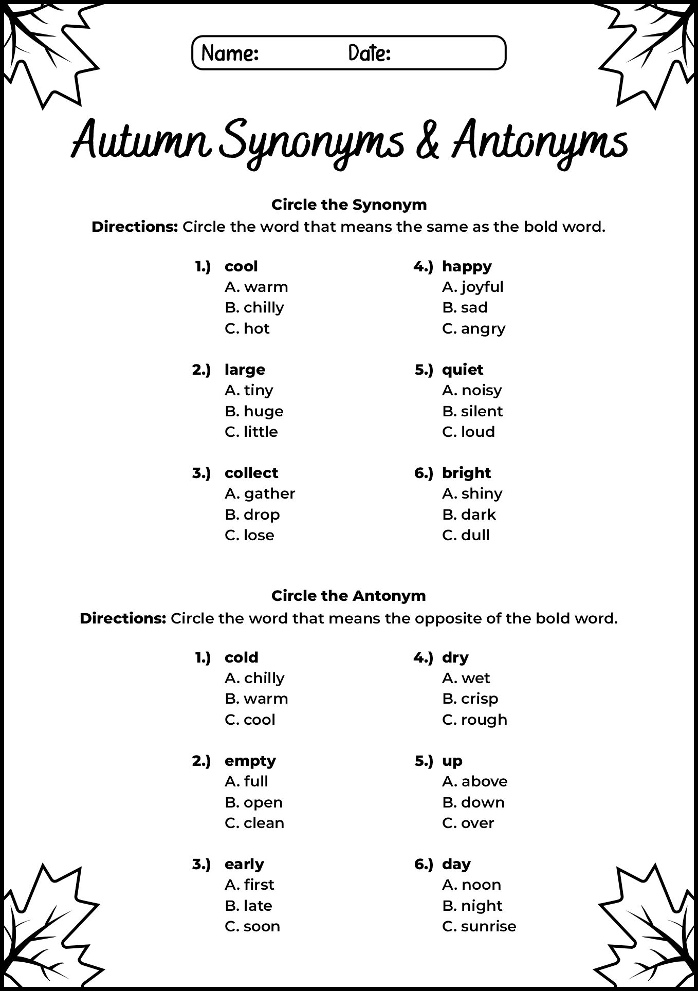 Grade 3 Autumn Synonyms and Antonyms Worksheets