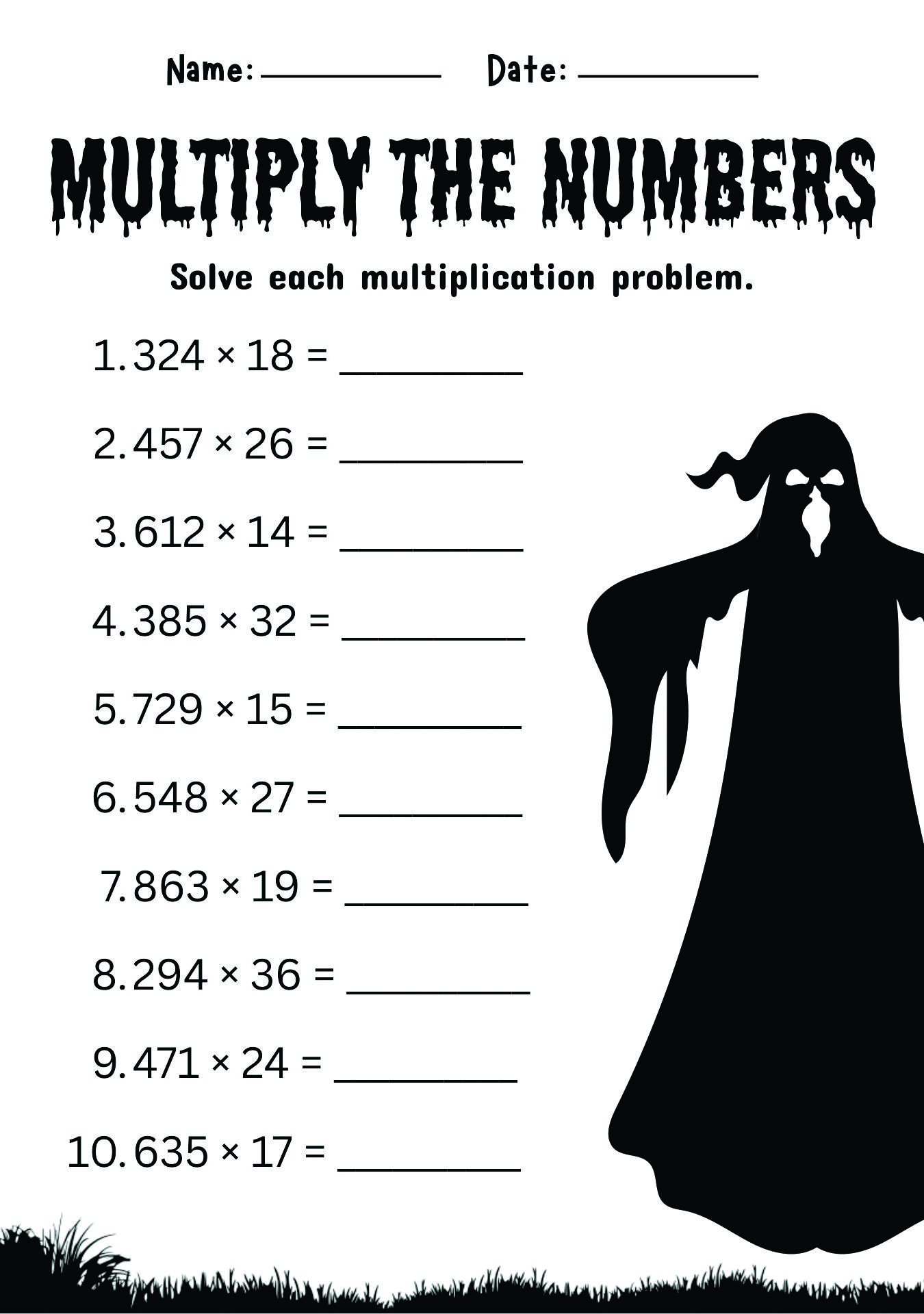 Halloween 3-Digit by 2-Digit Multiplication Worksheet