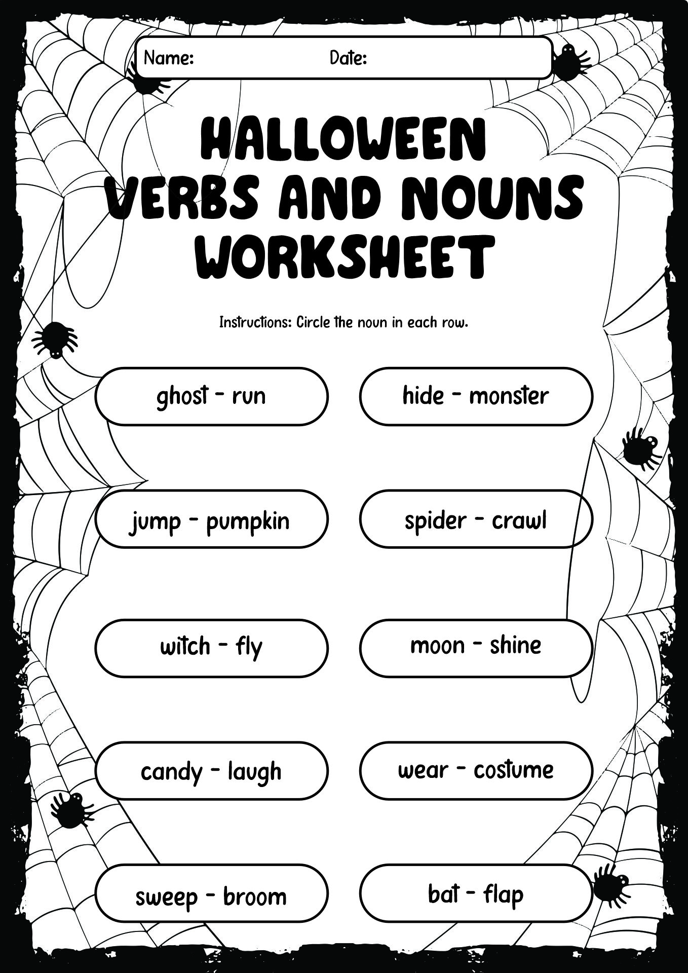 Halloween Activity Sheet for Verbs and Nouns