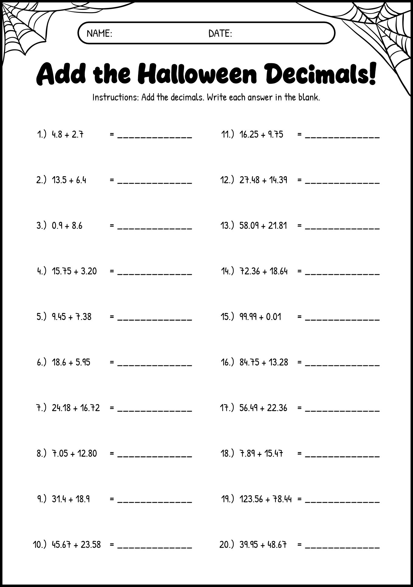 Halloween Adding Decimals Worksheet
