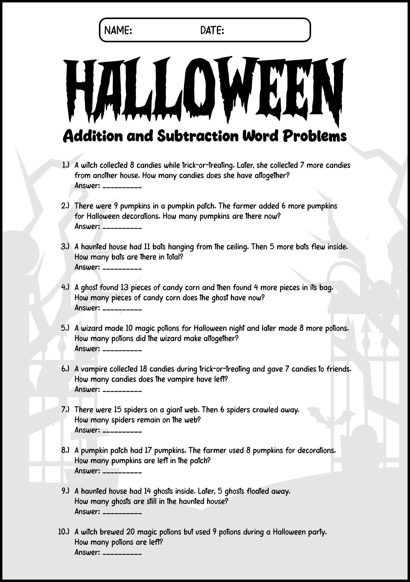Halloween Addition and Subtraction Worksheets Grade 2