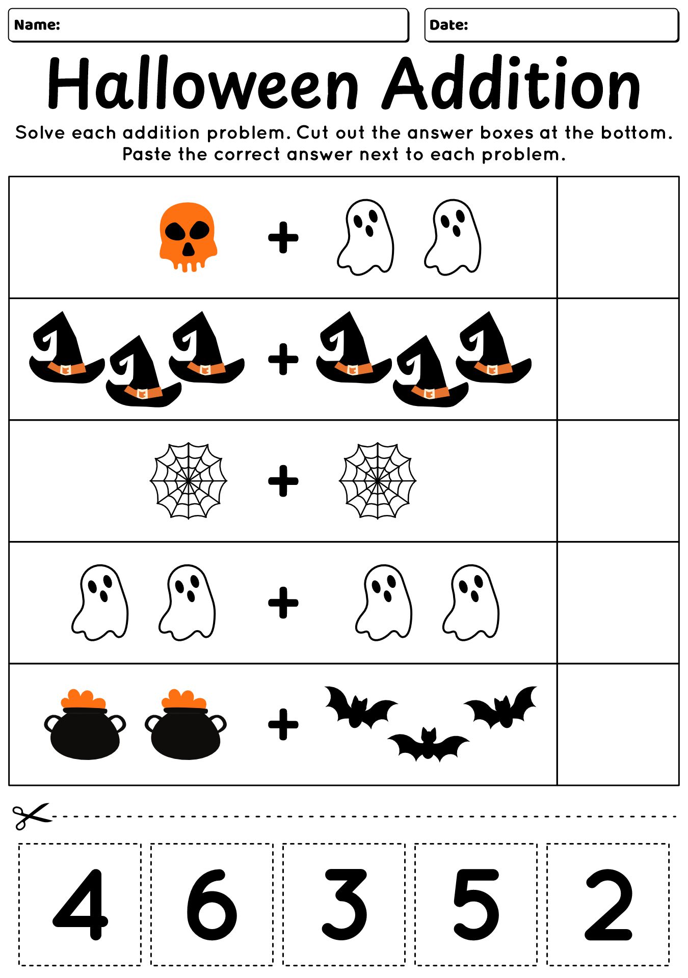 Halloween Addition Cut And Paste Worksheet