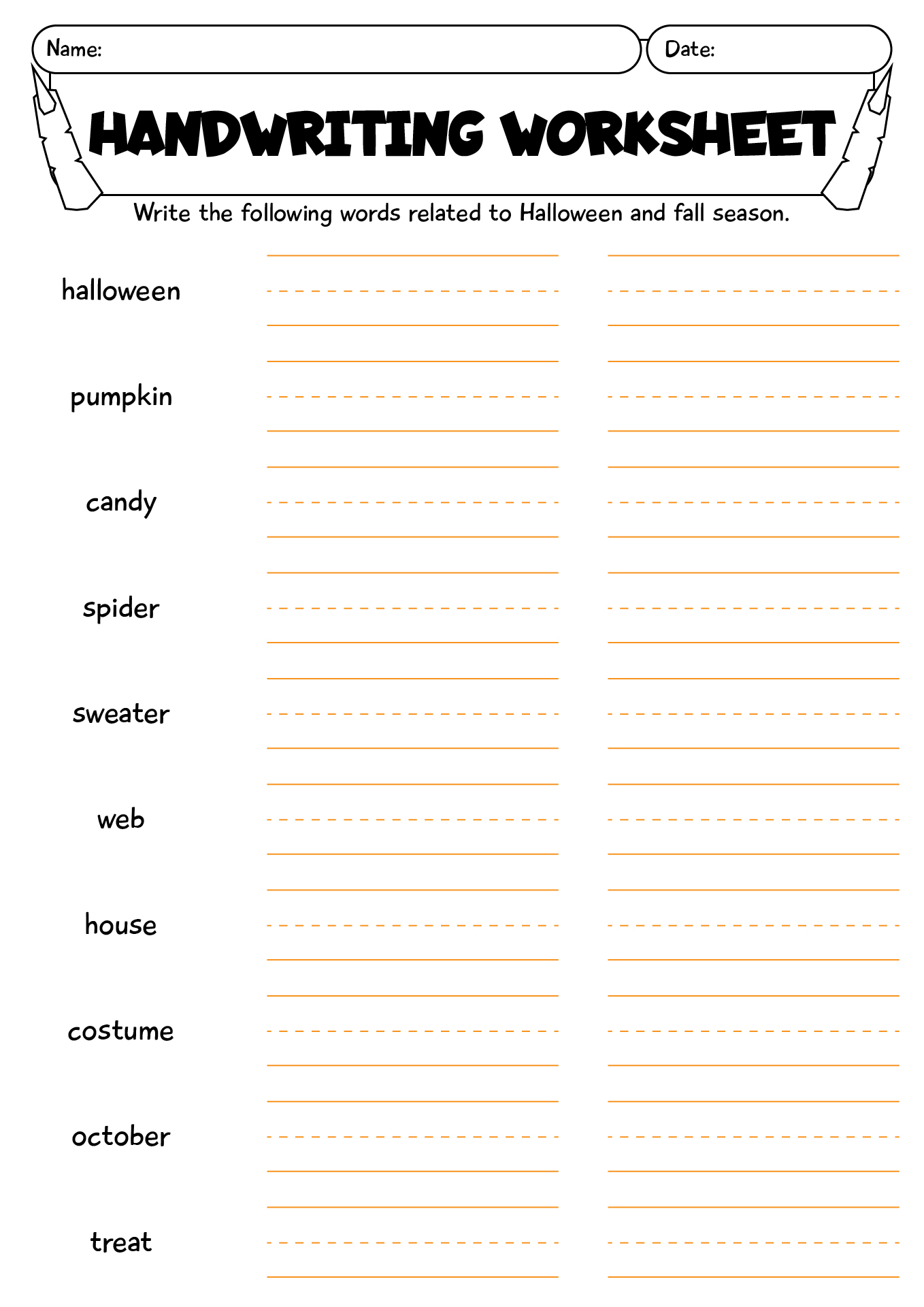 Halloween And Fall Words Handwriting Worksheet