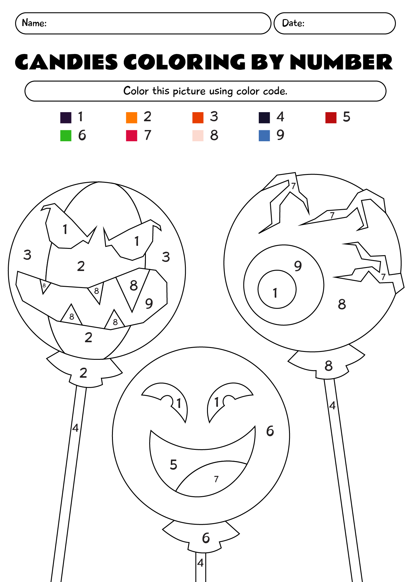 Halloween Candies Coloring By Number Worksheet