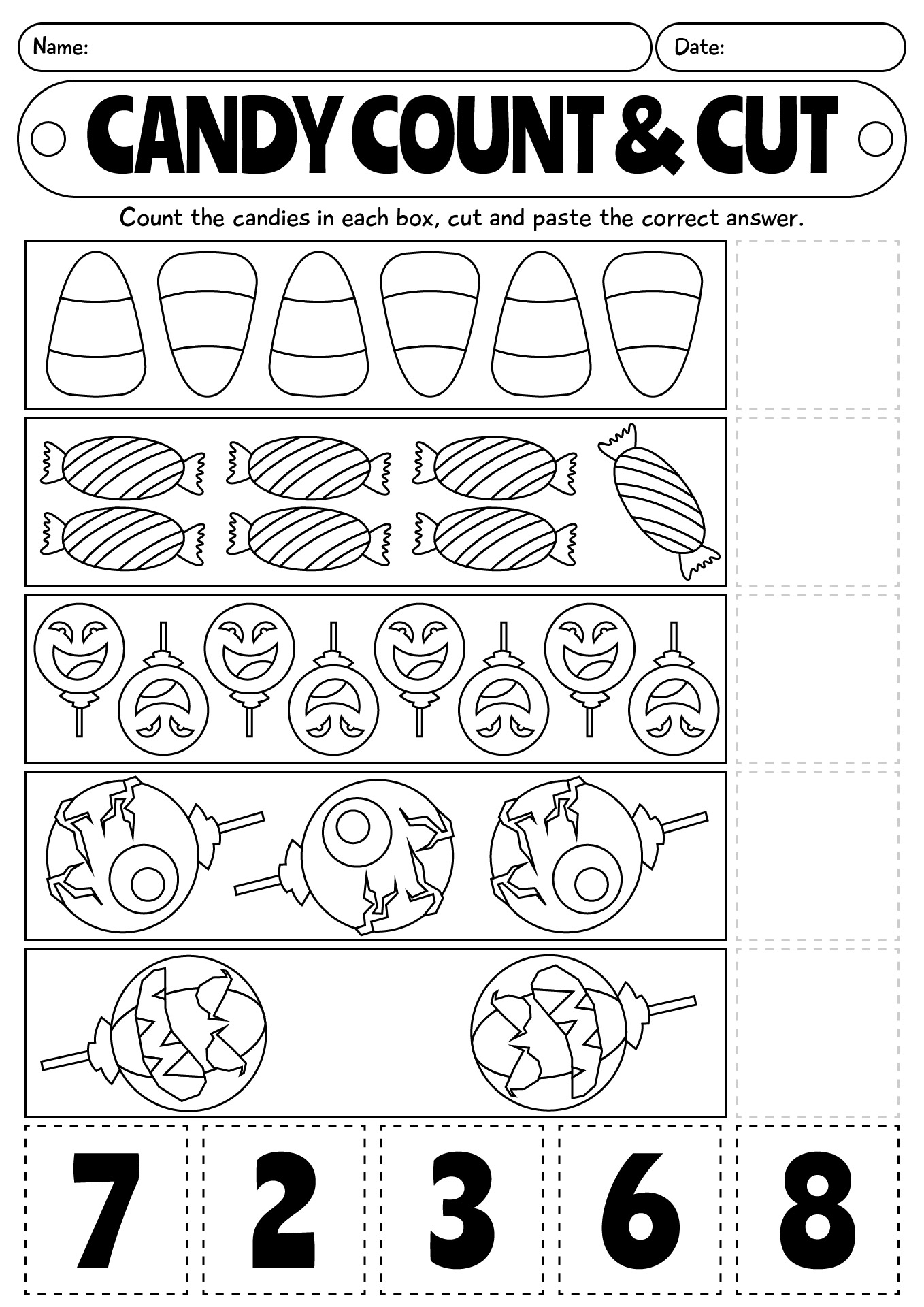 Halloween Candy Count And Cut Worksheet