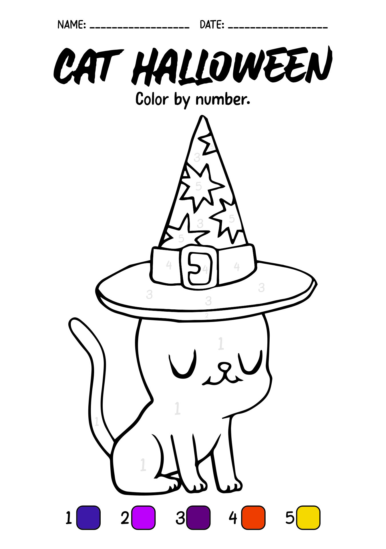 Halloween Cat Color by Number Coloring Sheets