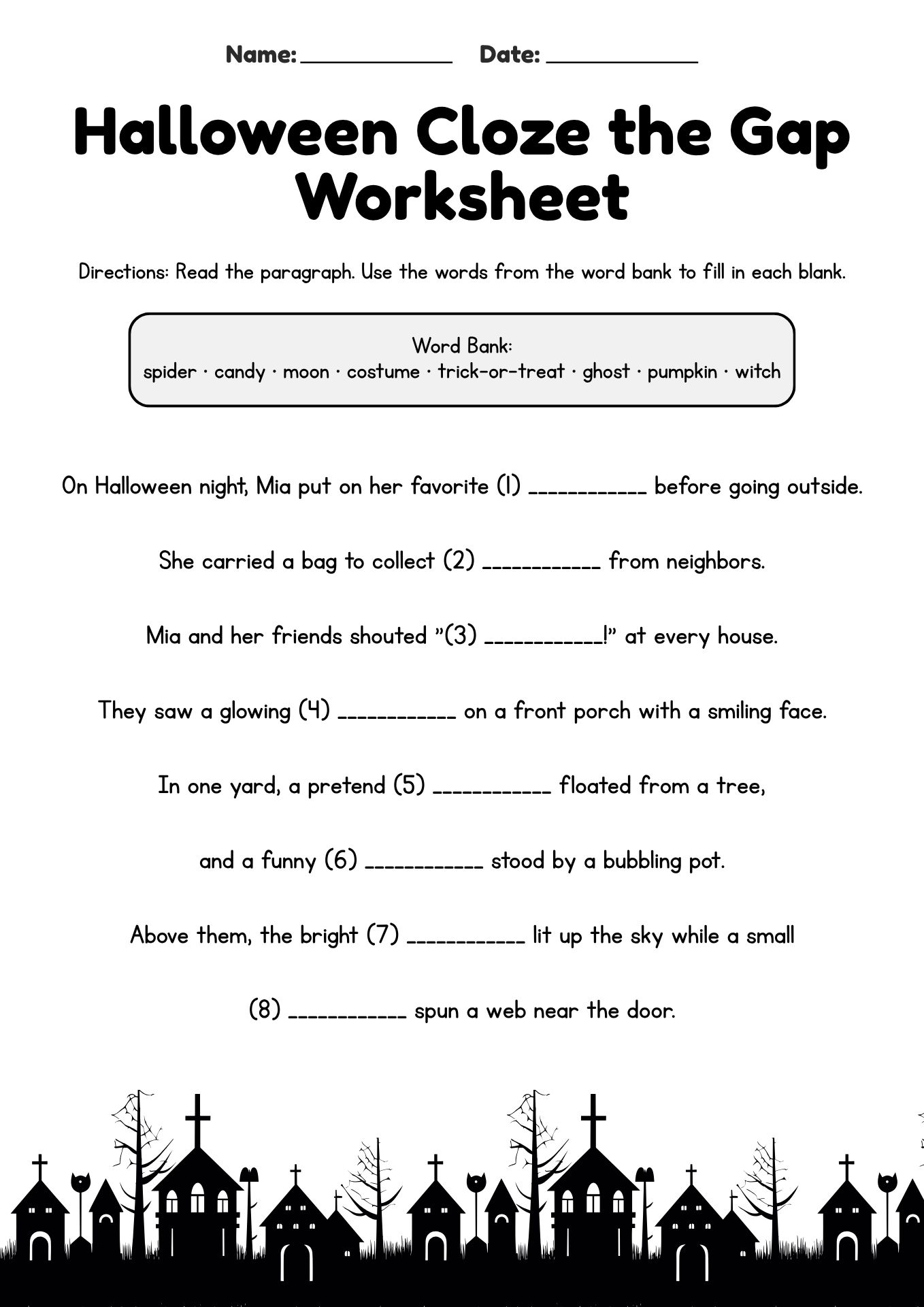 Halloween Cloze the Gap Worksheet