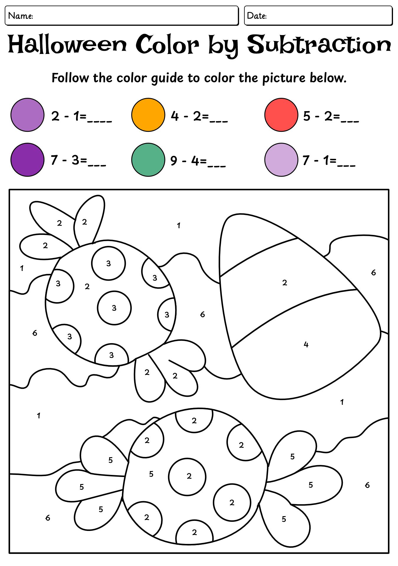 Halloween Color By Subtraction Worksheet