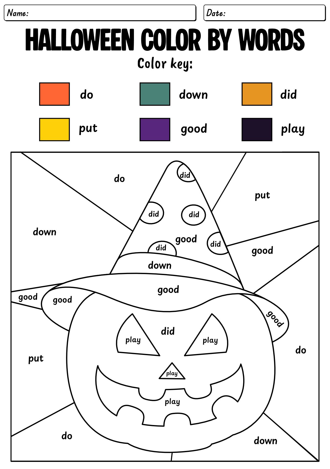 Halloween Color By Words Worksheet