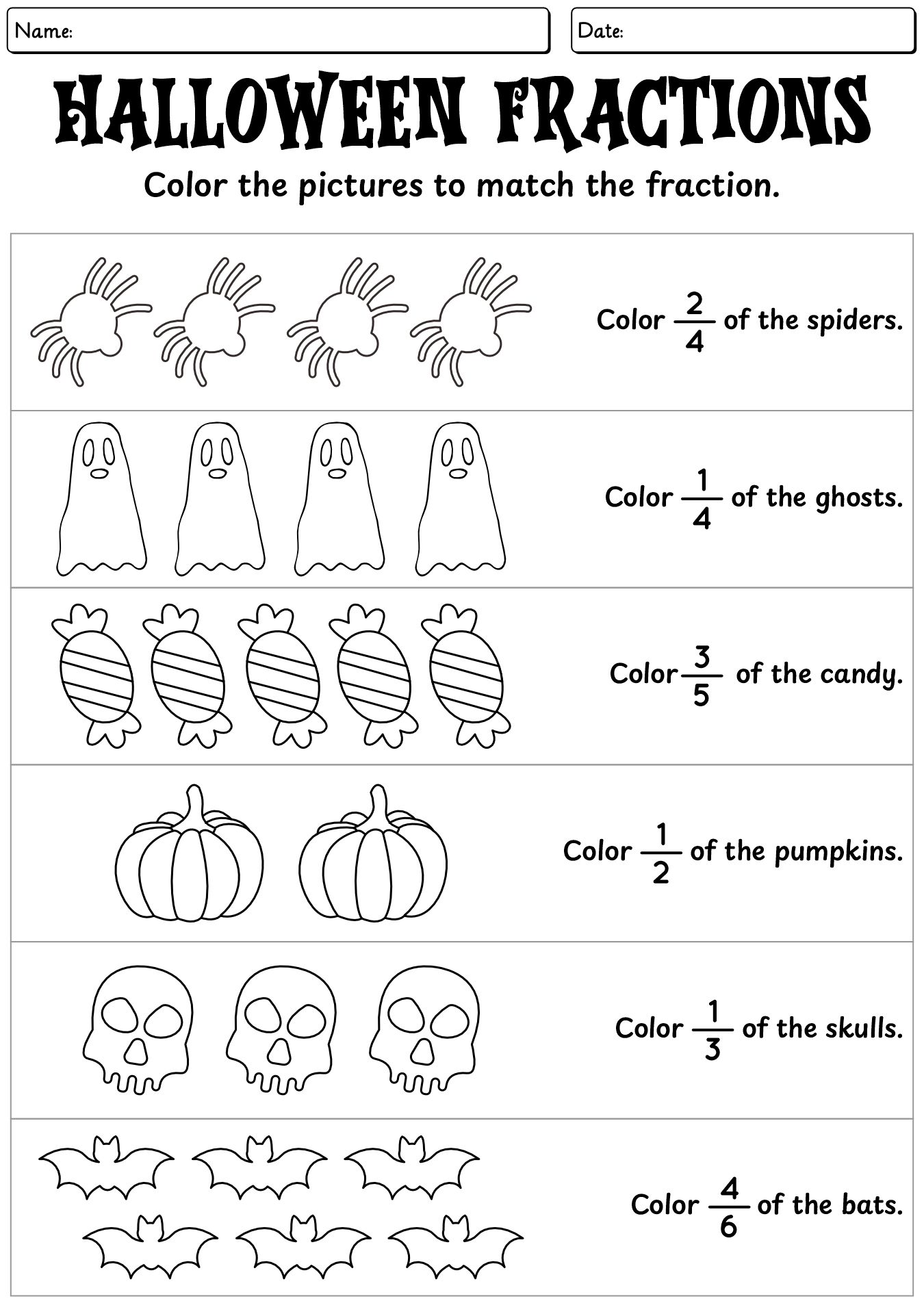 Halloween Coloring Fraction Worksheet Fourth Grade