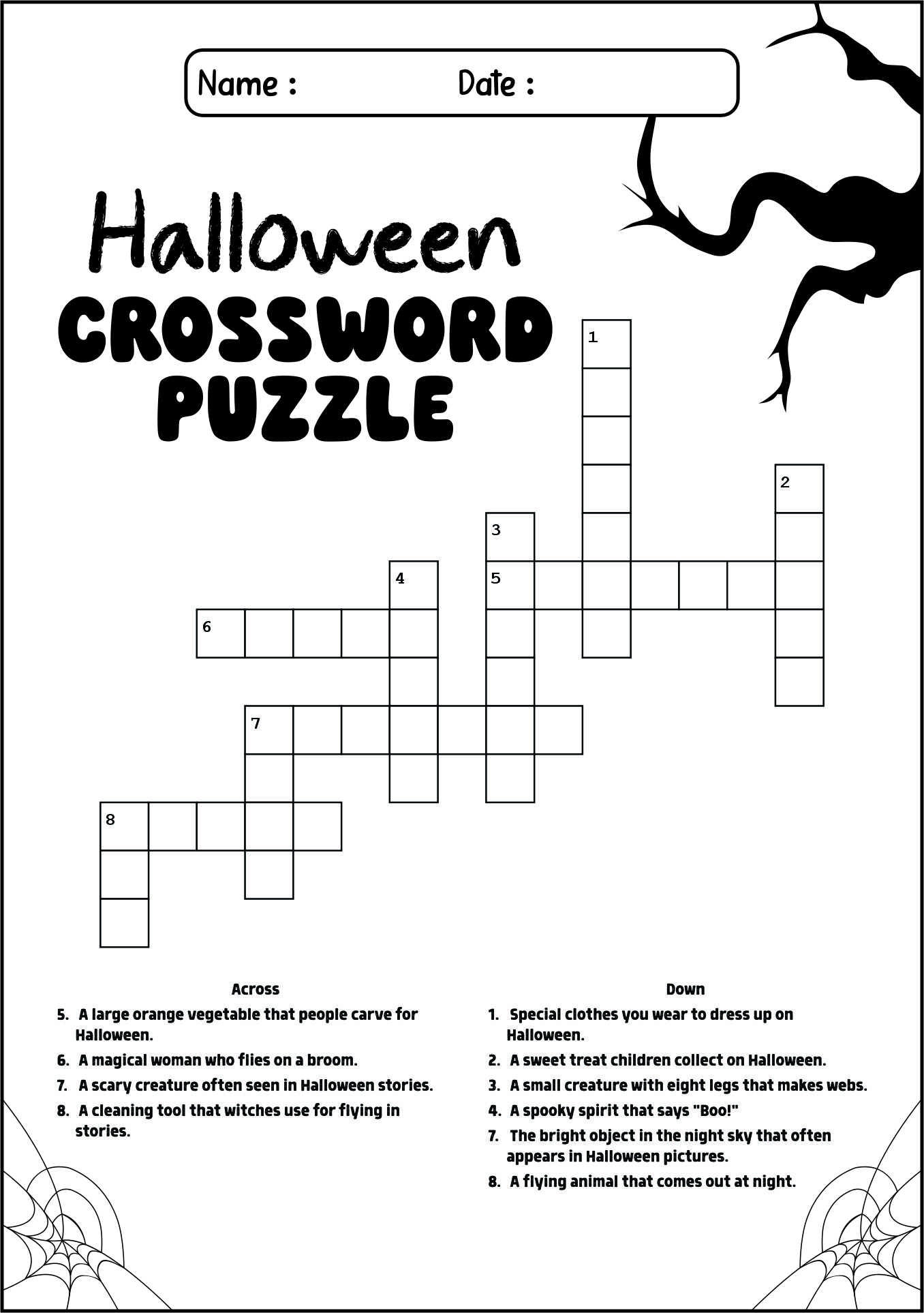 Halloween Crossword Worksheets for Elementary Students