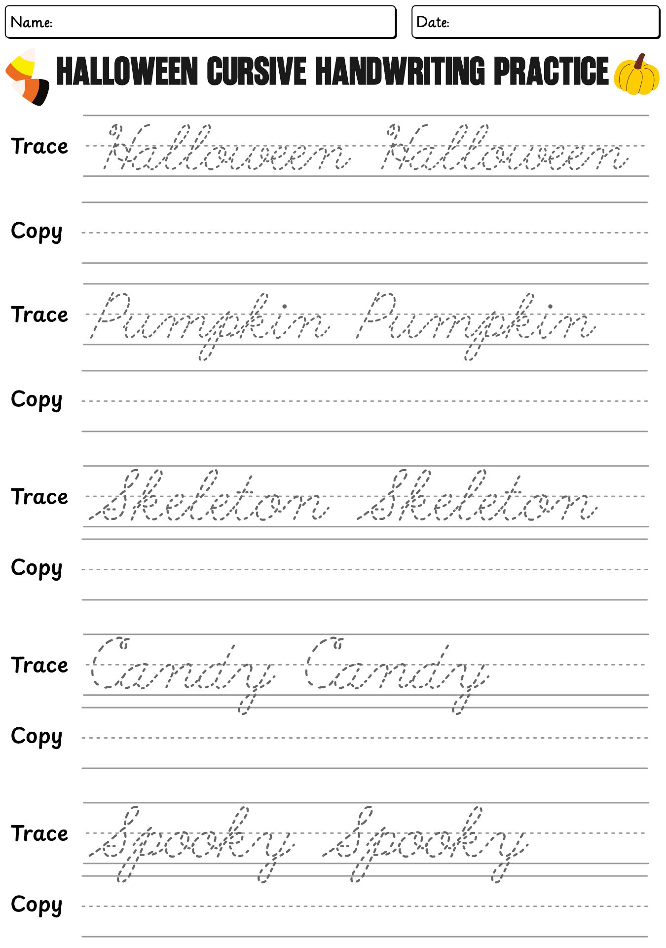 Halloween Cursive Handwriting Practice Sheets