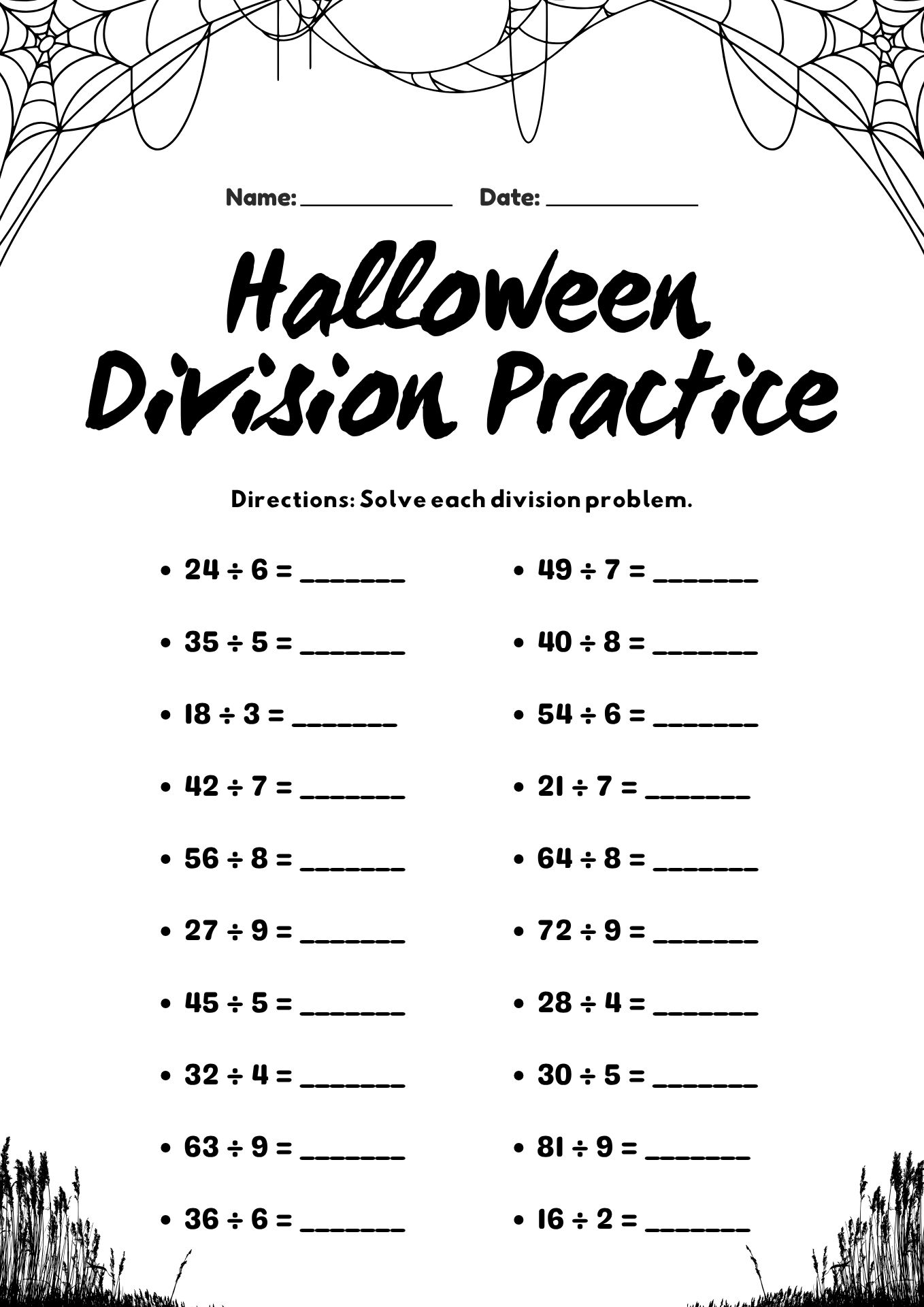 Halloween Division Practice Worksheets 3rd Grade