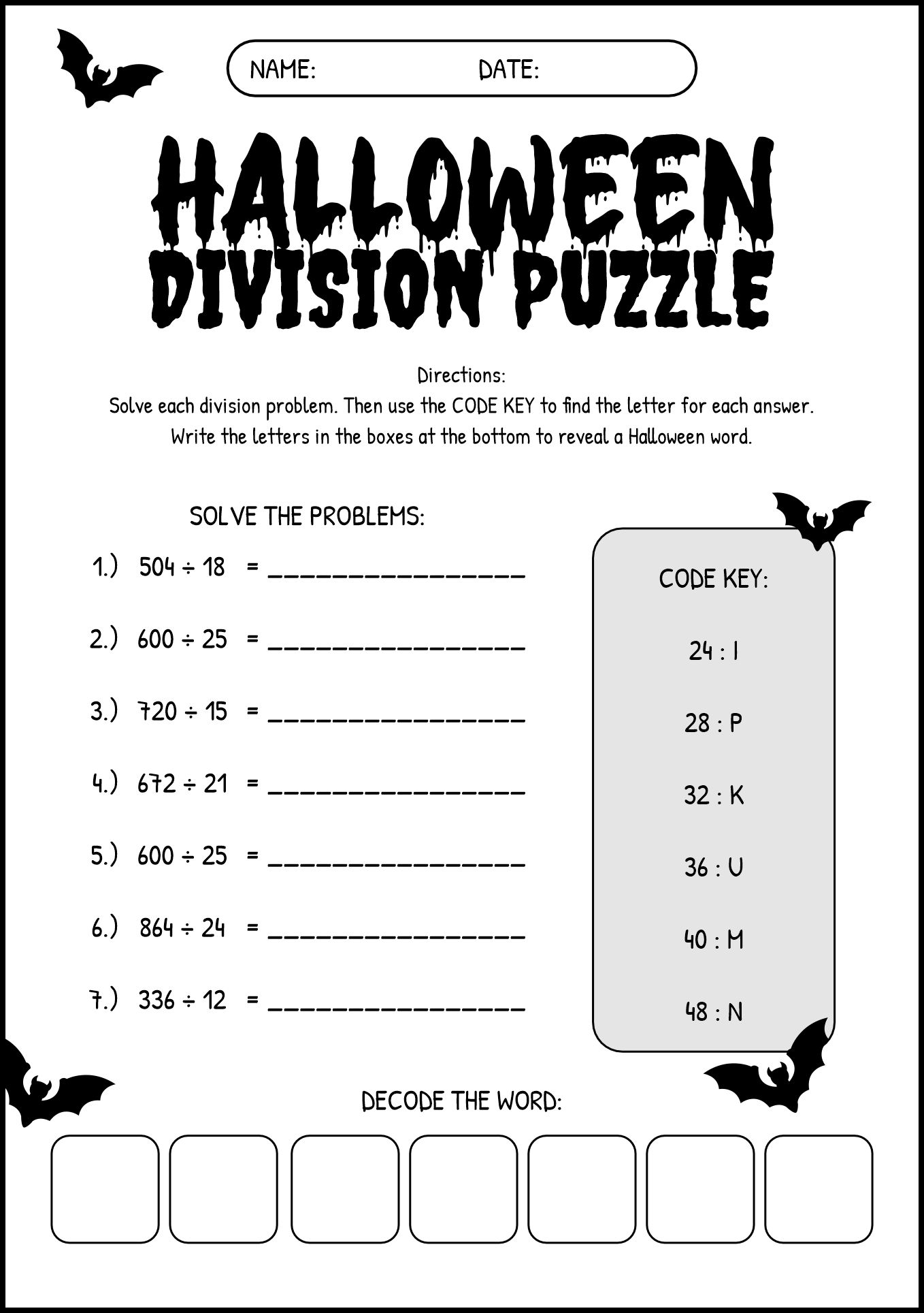 Halloween Division Puzzles Worksheets 6th Grade