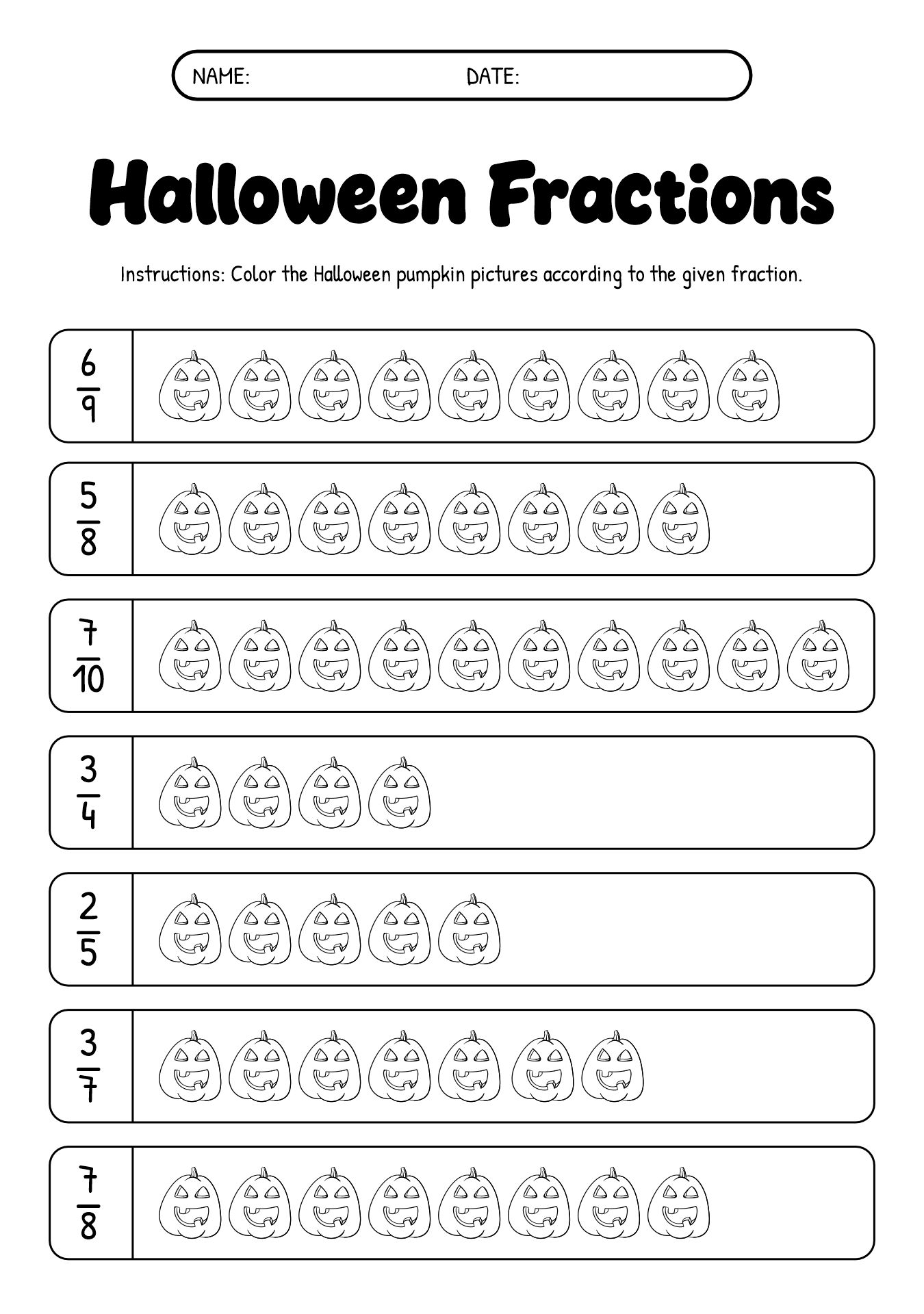 Halloween Fraction Comparison Worksheets Grade 4