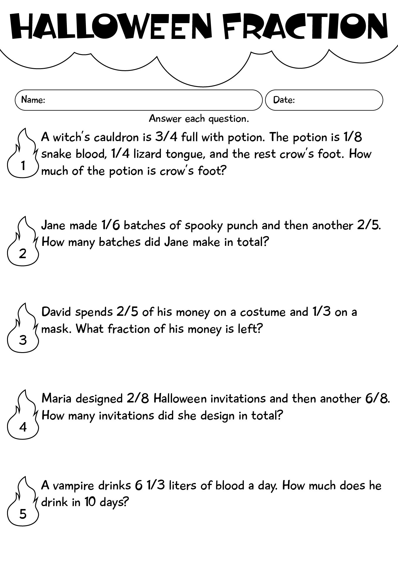 Halloween Fraction Word Problems For 4th Grade Students