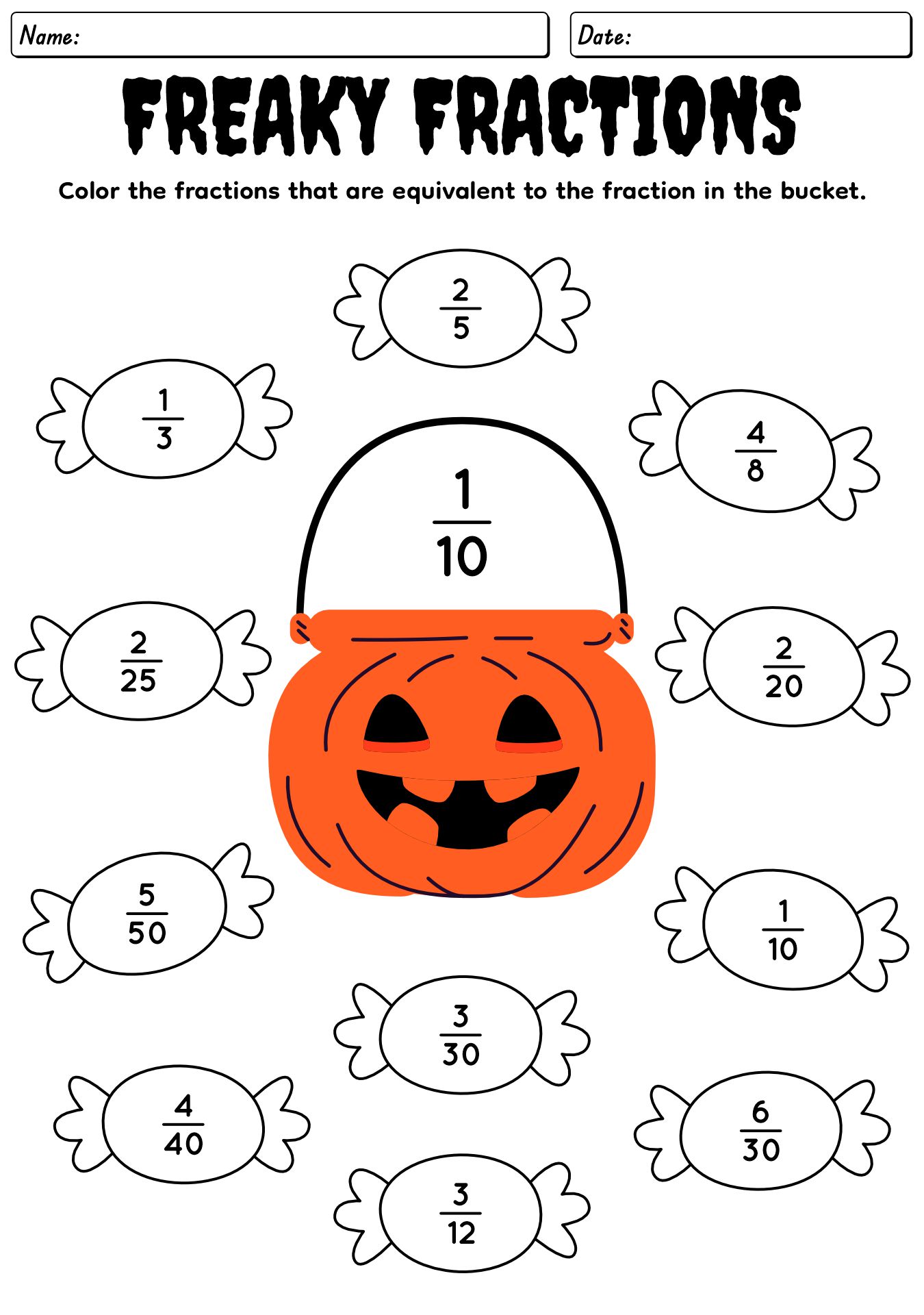 Halloween Fractions Practice Worksheet For 4th Grade