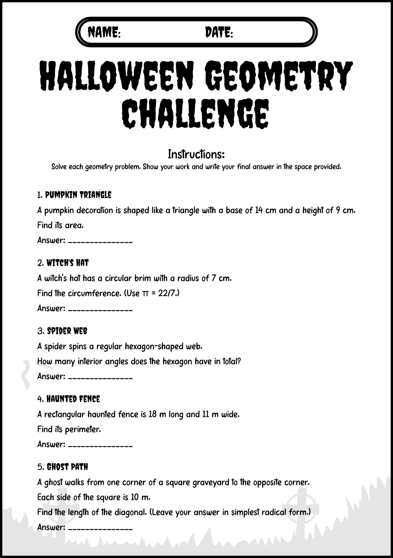 Halloween Geometry Worksheets for Grade 6