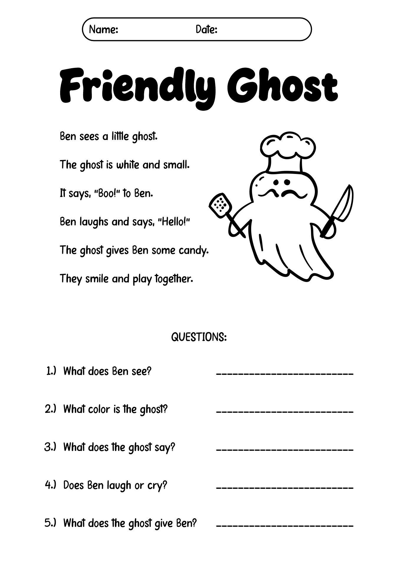 Halloween Ghosts Reading Worksheets for First Graders