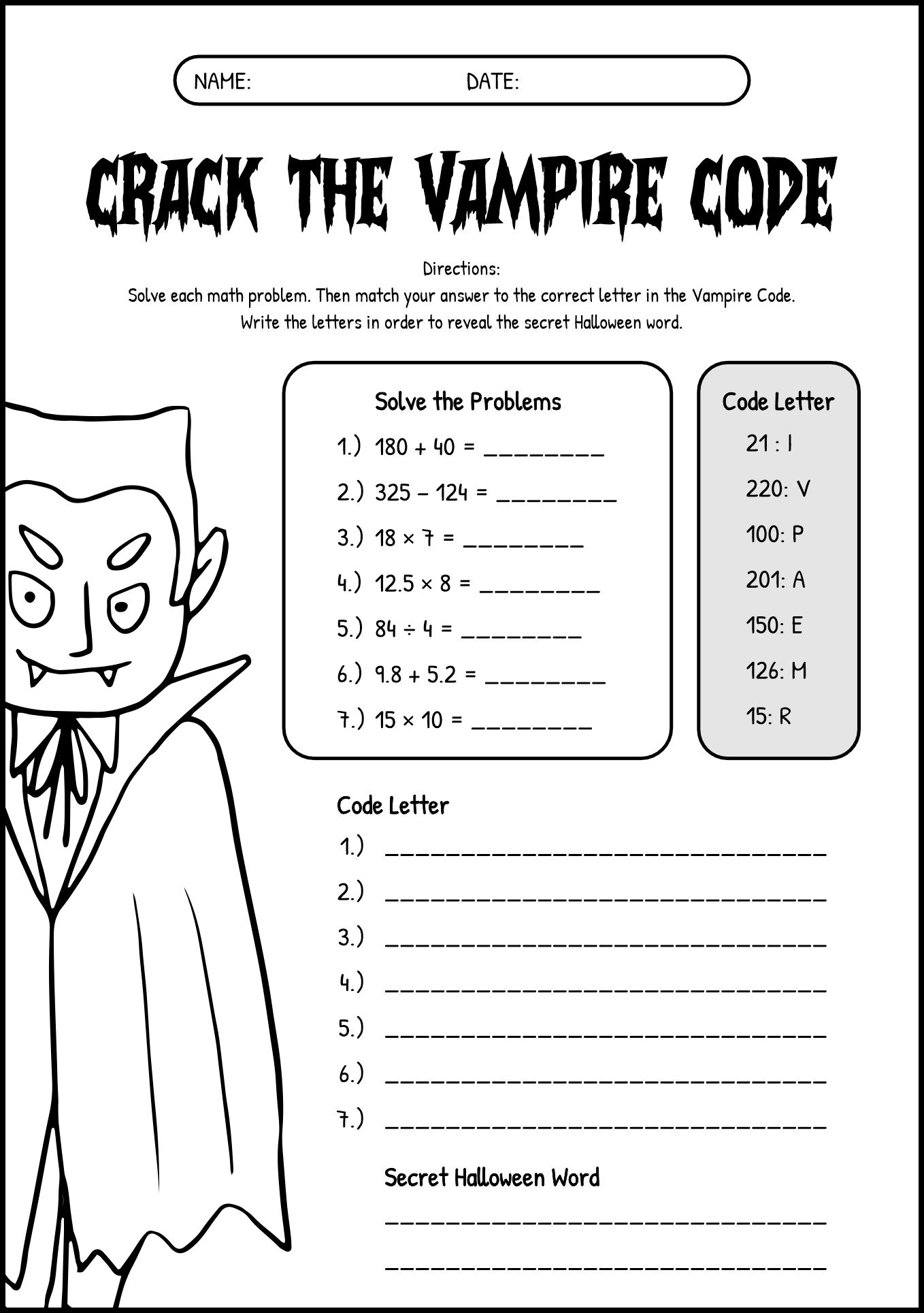 Halloween Math Puzzle Worksheet for 6th Grade