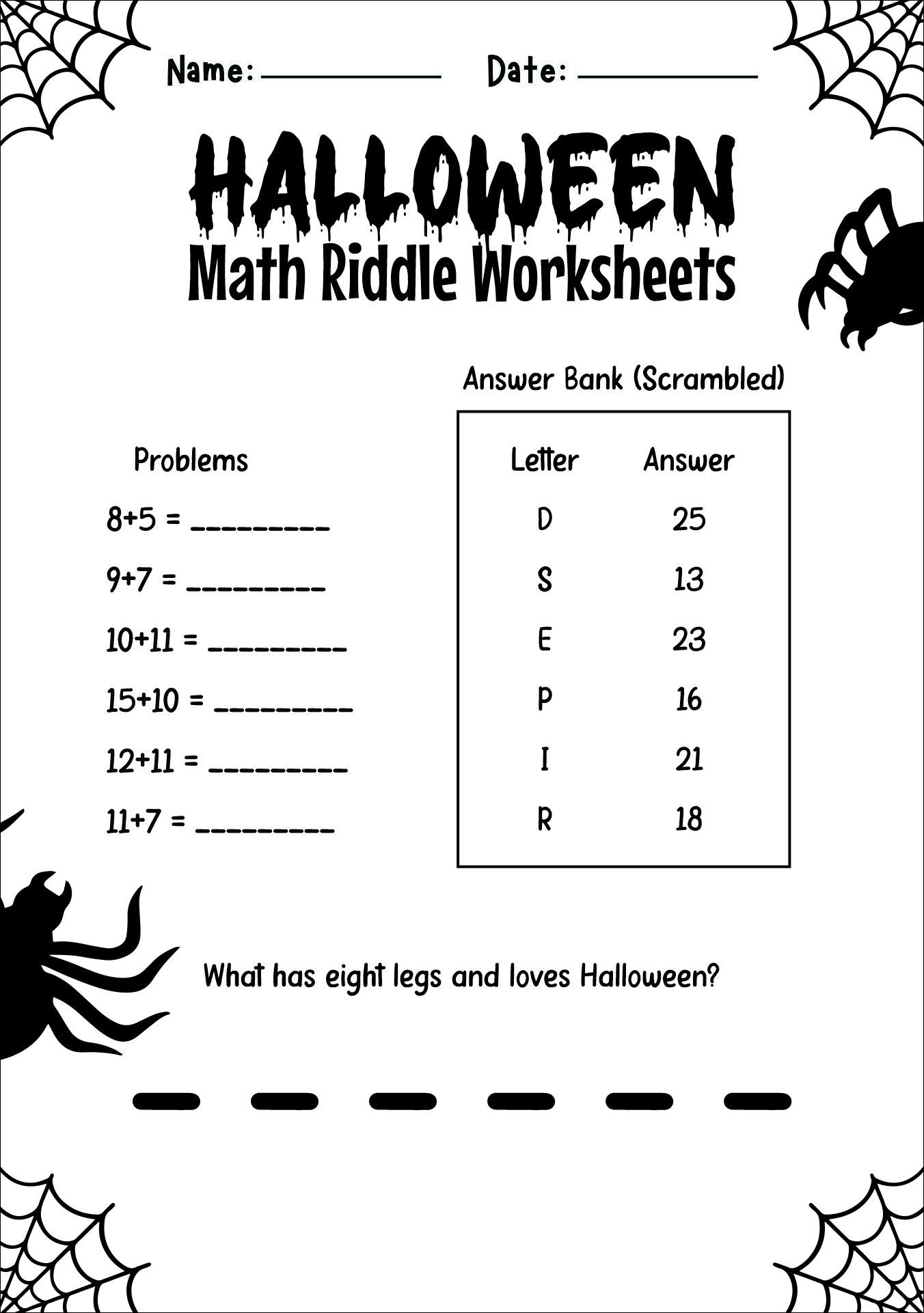 Halloween Math Riddle Worksheets with Multiplication