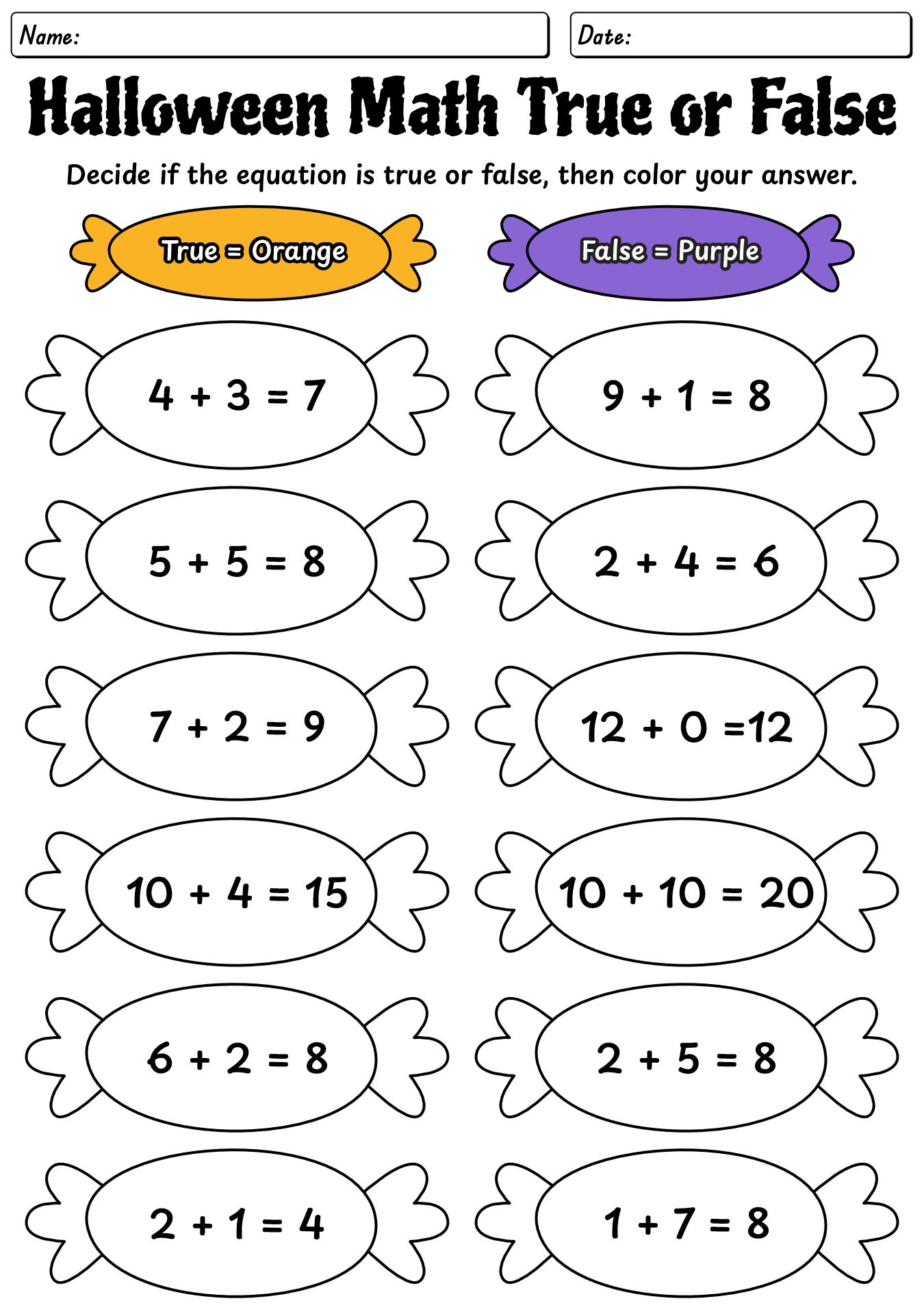 Halloween Math True Or False Worksheet