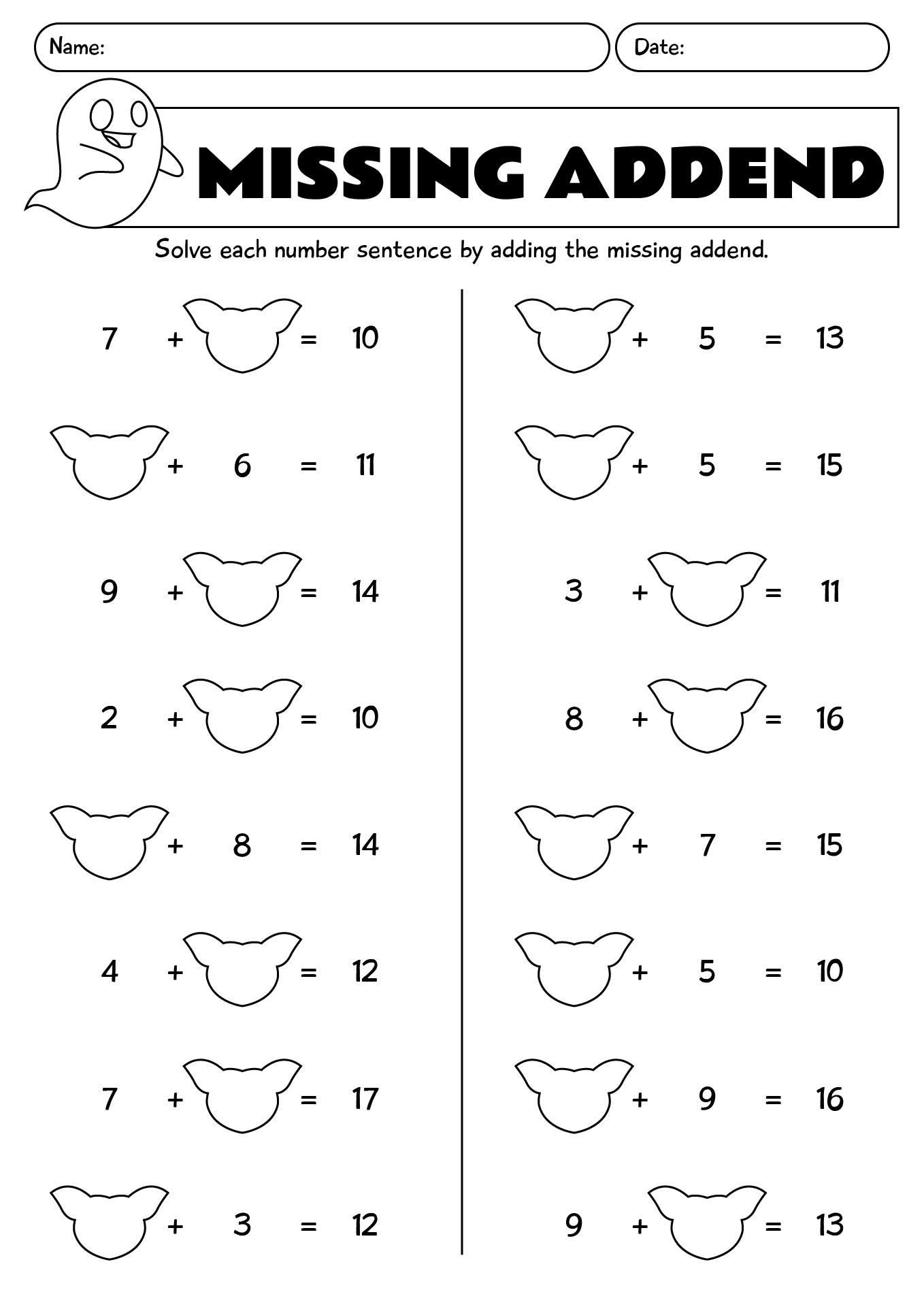 Halloween Missing Addend Worksheet