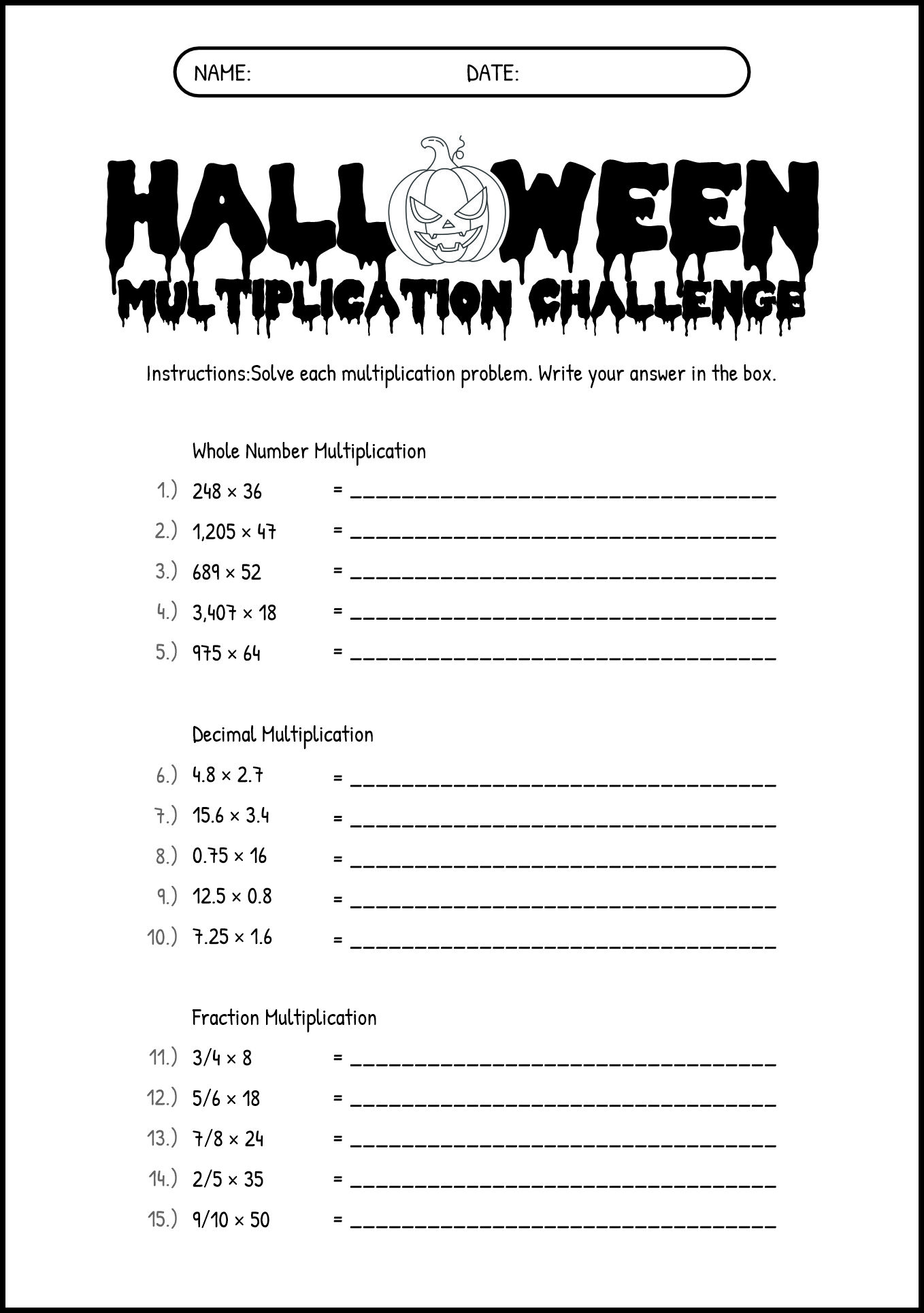Halloween Multiplication Activity Sheets for 6th Graders