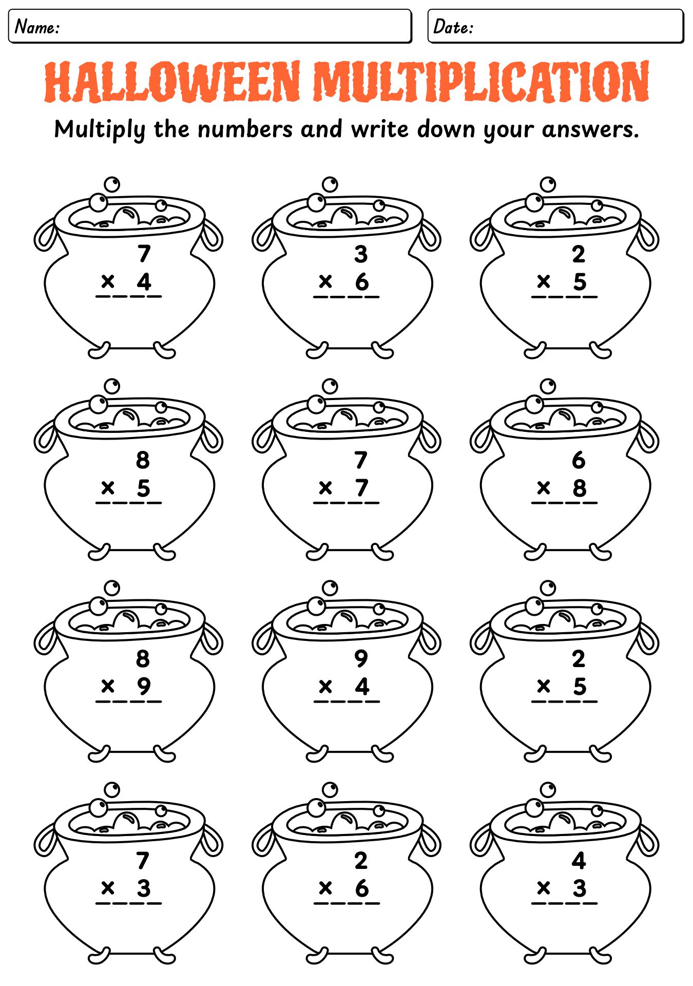 Halloween Multiplication Facts Worksheet