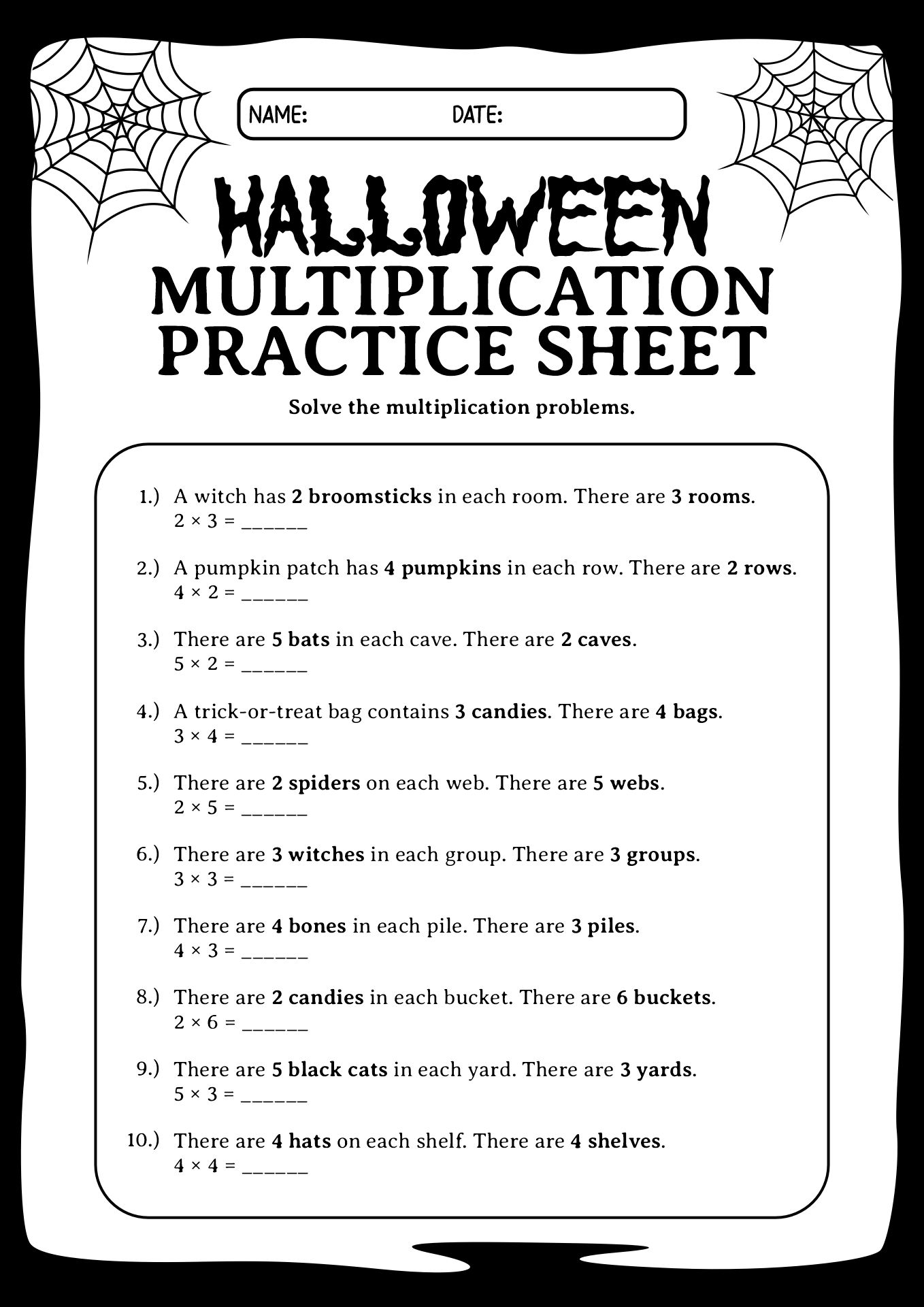 Halloween Multiplication Practice Sheets for 2nd Grade