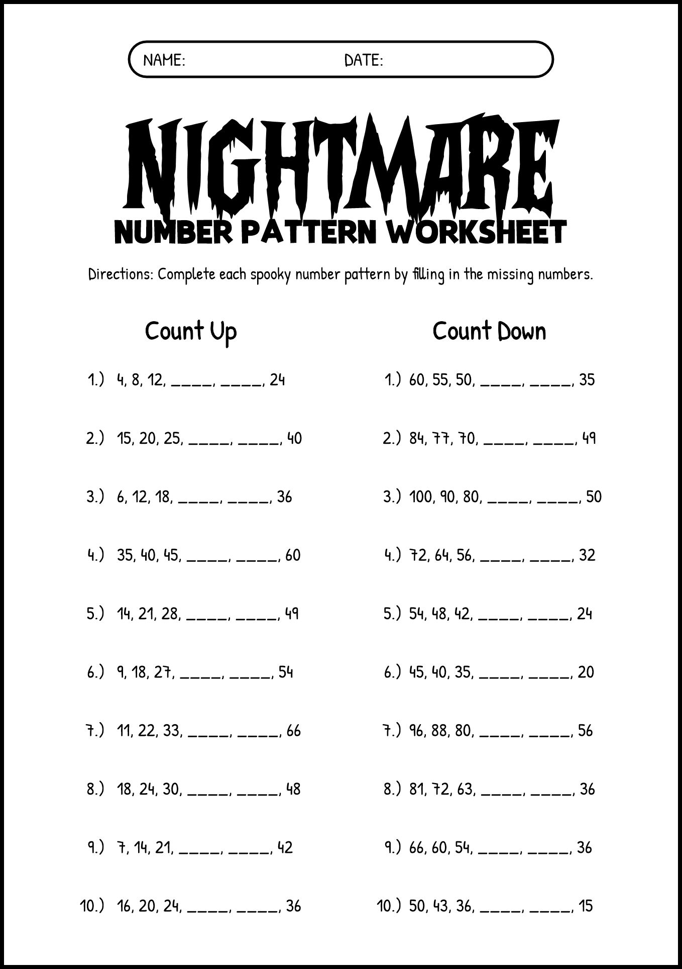 Halloween Nightmare Number Pattern Worksheet