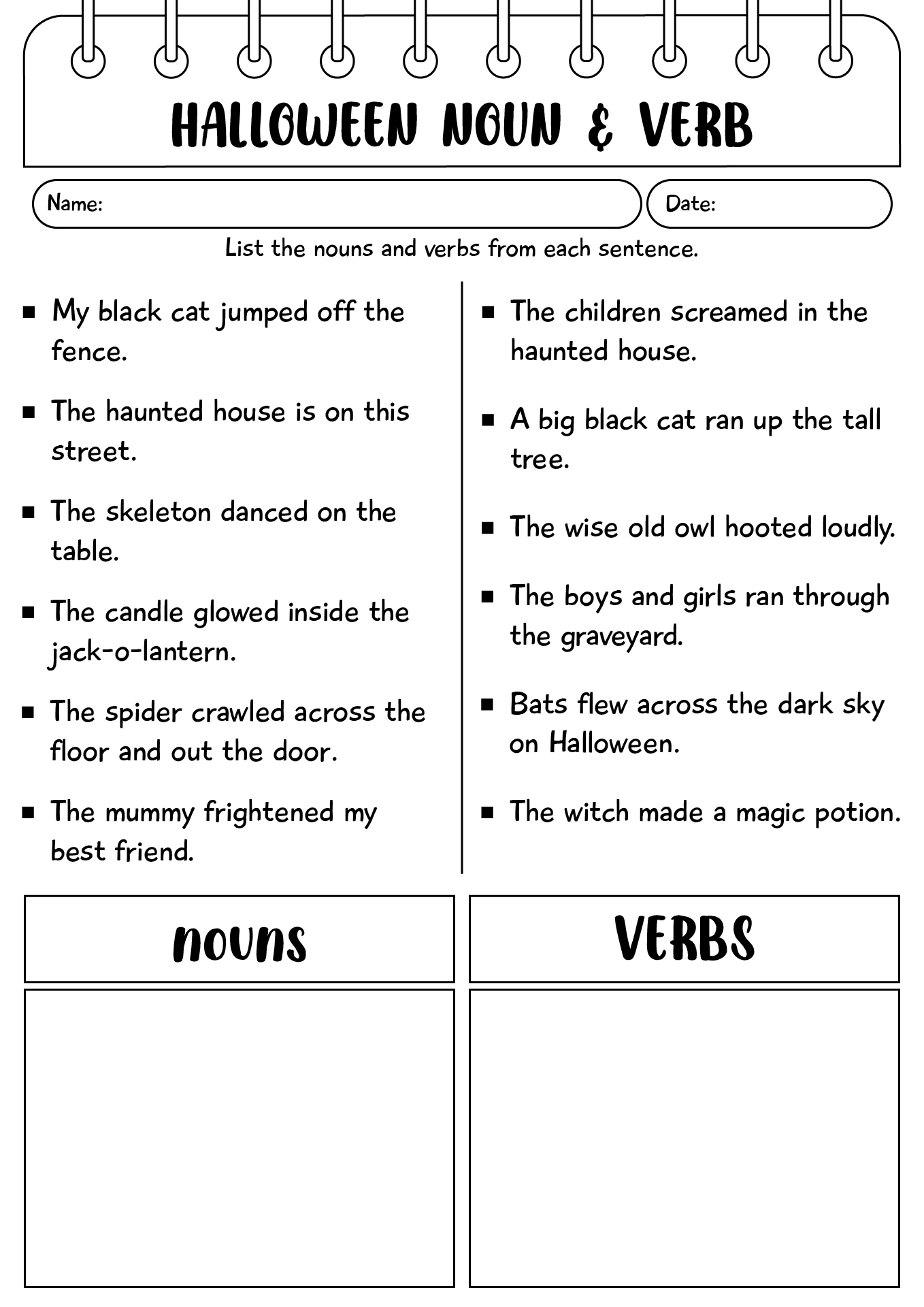 Halloween Noun And Verb Practice Worksheet